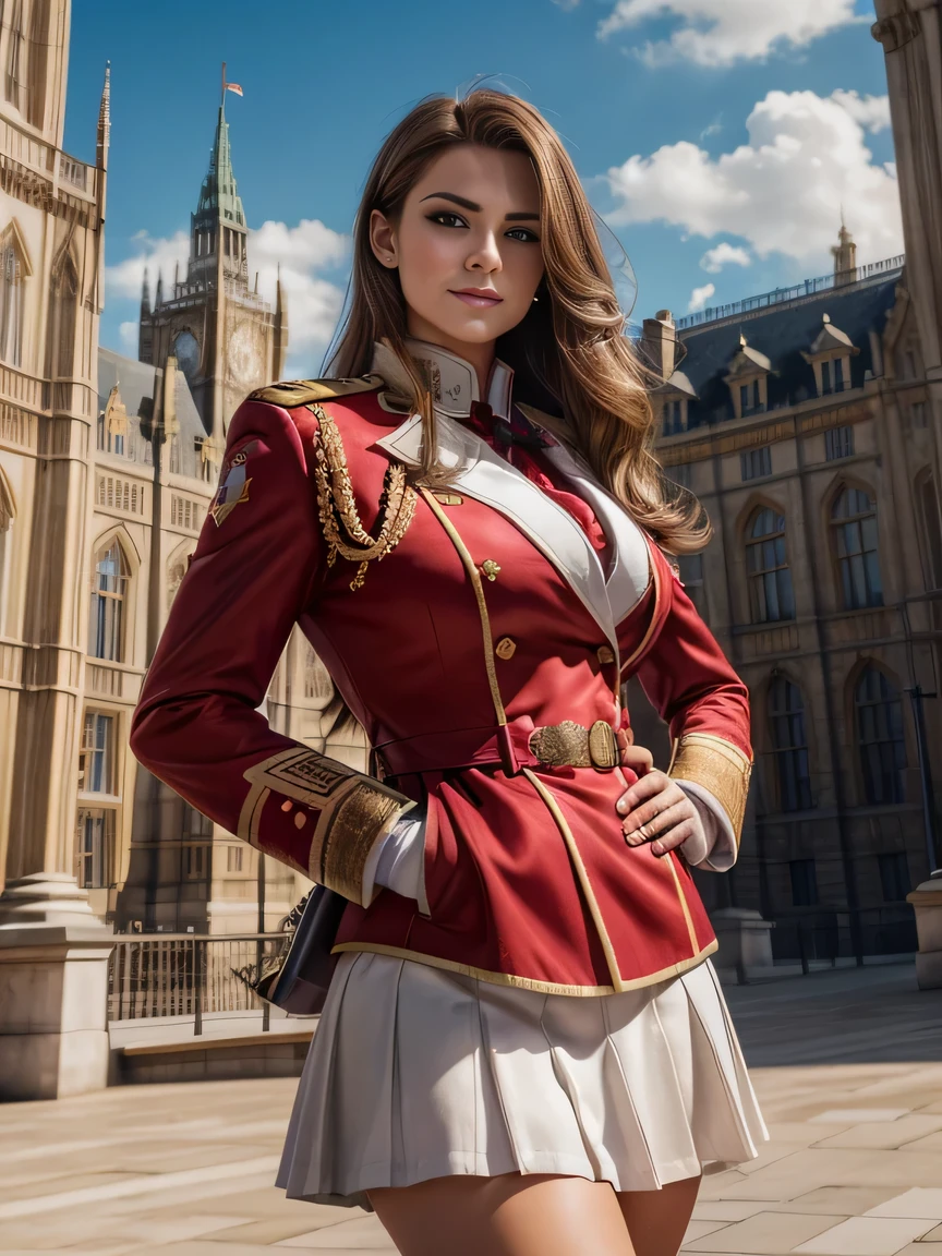 ((masterpiece)), ((best quality)), (digital painting), ((photorealistic)), wide angle shooting, beautiful, sexy woman, brown eyes, long hair, facial details, big breasts, wearing a royal uniform, england, ((red_jacket, epaulettes)), (tight white skirt), british army officer, sweet smile, perfect body anatomy, complicated soldier uniform, hips, big thighs, cowboy shot, facing the audience, background, parliament building, Royal Palace , luxury, sky, clouds, (super, high detail), professional photographer (hyper detail), depth of field, sharp lighting, focus, (intricate detail), ultra UHD, 16k,