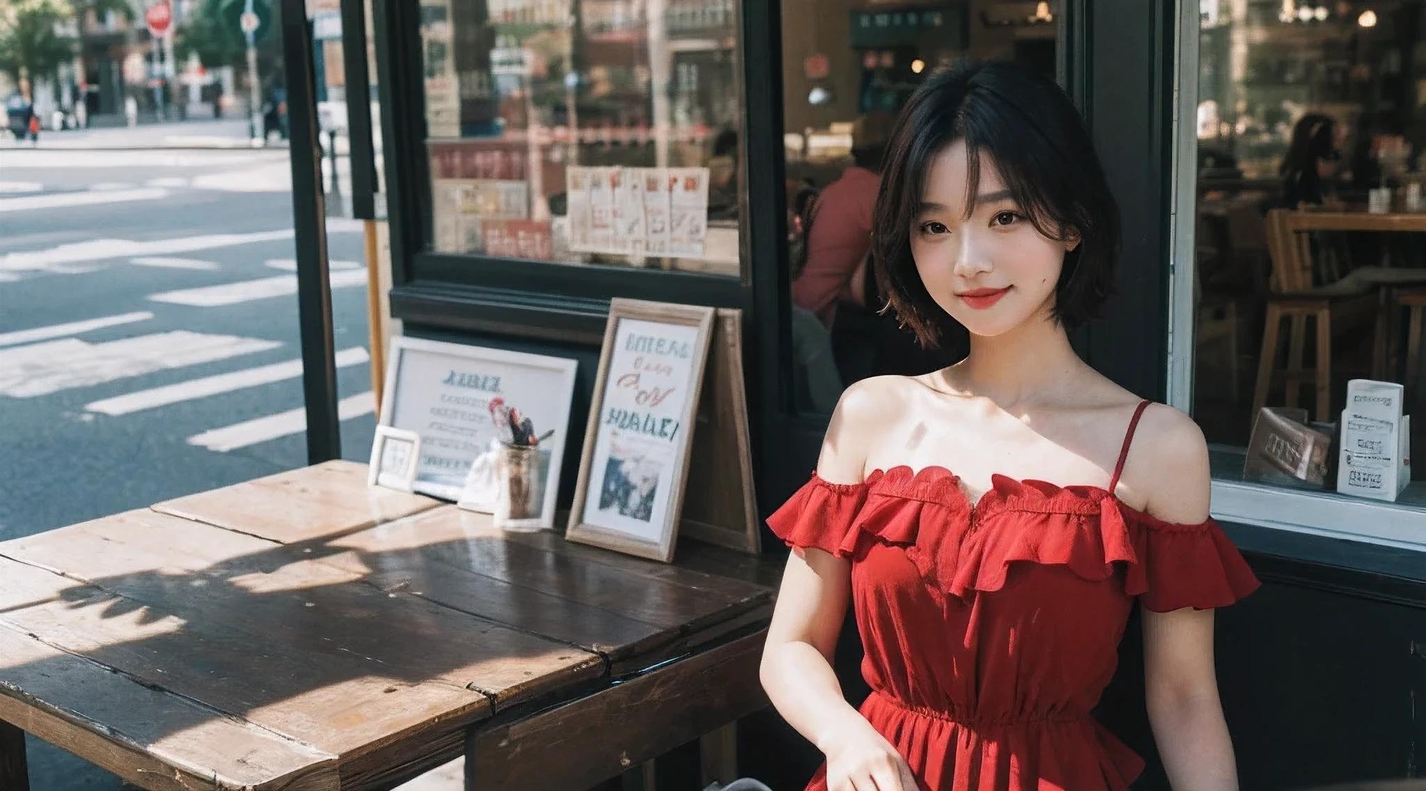 Best quality at best, tmasterpiece, 超高分辨率, (a true: 1.5), RAW photogr, 1 girl, A sweet smile, bshoulders, Drink coffee at a sunny street cafe stall, deep shading, tom baixo, cold light, Sexy look, bellosorizzo, Red dress, The most exquisite quality short hair, 8K, tmasterpiece: 1.3))), Focus sharp: 1.2, (layered decoration, bigger: 1.2), perfect body beautiful: 1.4 , Wet with: 1.5, Highly Detailed Face and Skin Textur, 詳細な目, 二重まぶた,