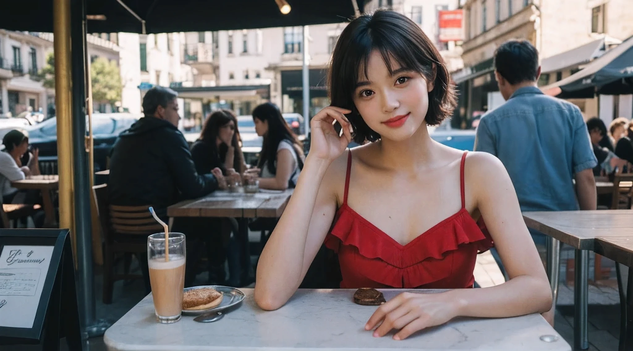 Best quality at best, tmasterpiece, 超高分辨率, (a true: 1.5), RAW photogr, 1 girl, A sweet smile, bshoulders, Drink coffee at a sunny street cafe stall, deep shading, tom baixo, cold light, y look, bellosorizzo, Red dress, The most exquisite quality short hair, 8K, tmasterpiece: 1.3))), Focus sharp: 1.2, (layered decoration, bigger: 1.2), perfect body beautiful: 1.4 , Wet with: 1.5, Highly Detailed Face and Skin Textur, 詳細な目, 二重まぶた,