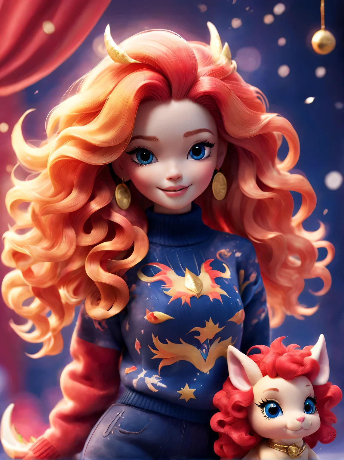 Tully Shaw,(Close up plush toy design of cute smiling zodiac sign dragon and long curly hair barbie doll),(Large close-up),Winter fashion exudes luxury, Gorgeous and stylish,Sweaters,围巾,With dark navy blue and fiery red background, 2024 new year elements, Gold coins flying, Cute 3d rendering, Cute and detailed digital art, slight feeling, stylized 3d render, 8K, 3D character art rendering, lovely digital painting, Anime style 3D, Ultra-detailed rendering, hyper HD, tmasterpiece, Acura, ctextured skin, super detailing, high detal, high high quality, Award-Awarded, Best quality, A high resolution, 16k,