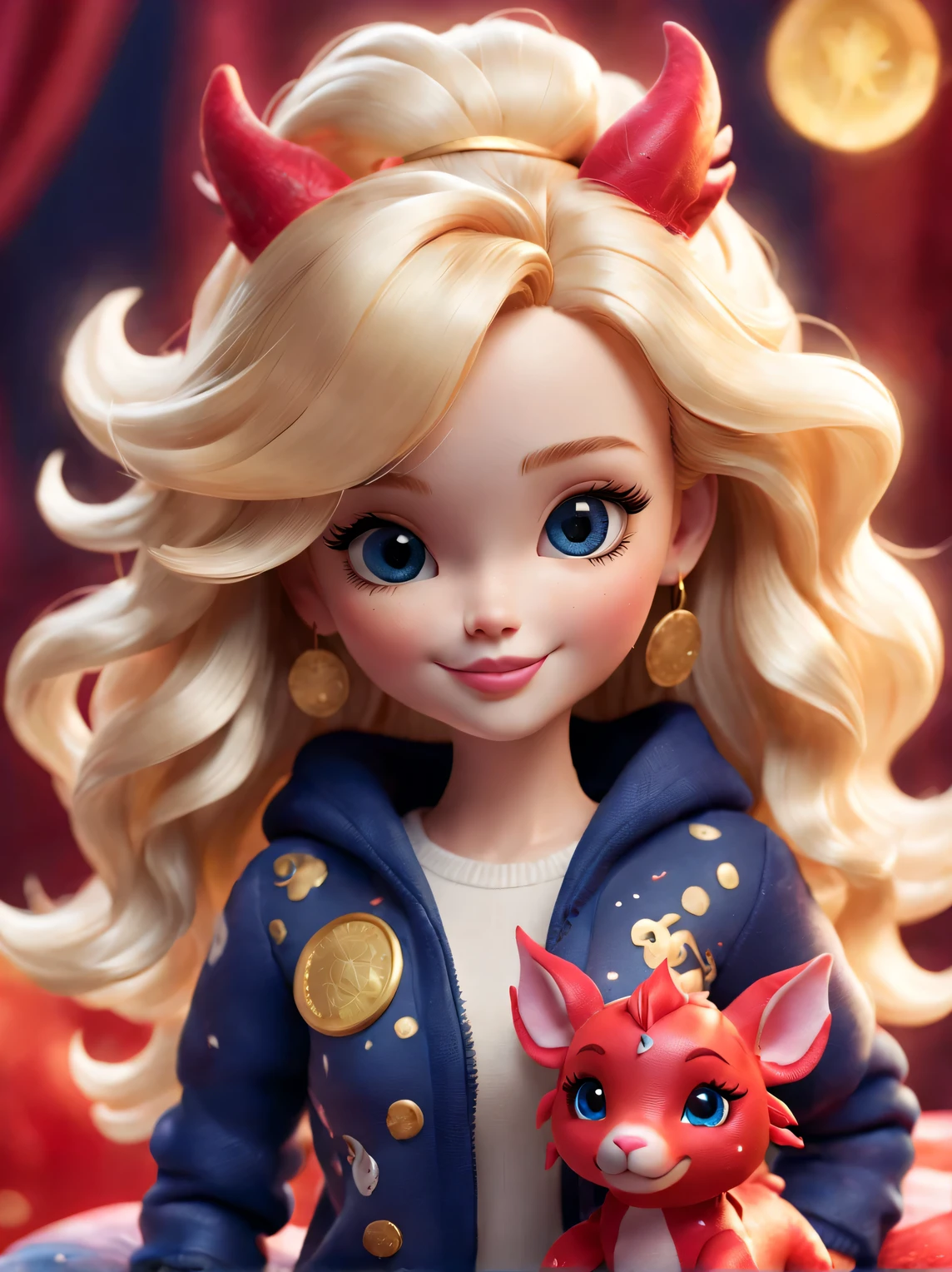 Tully Shaw,(Close up plush toy design of cute smiling zodiac sign dragon and long curly hair barbie doll),(Large close-up),Winter fashion exudes luxury, Gorgeous and stylish,Sweaters,围巾,With dark navy blue and fiery red background, 2024 new year elements, Gold coins flying, Cute 3d rendering, Cute and detailed digital art, slight feeling, stylized 3d render, 8K, 3D character art rendering, lovely digital painting, Anime style 3D, Ultra-detailed rendering, hyper HD, tmasterpiece, Acura, ctextured skin, super detailing, high detal, high high quality, Award-Awarded, Best quality, A high resolution, 16k,