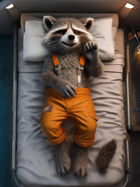 sleepy Rocket Racoon, lying on a bed in a laboratory with his legs spread, sedated with sedation from a drip, closed eyes, a distinctly sleepy look on his face, resisting to sleep, barefoot, detailed nice big paws with short claws, strapped to the bed by his head, chest, wrists and ankles, wears orange prison uniform, MCU vivid colour style, dark brown and gray and white fur