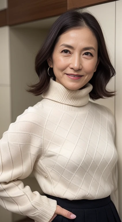 Best Quality, hight resolution, Hires, Skin definition, Detailed skin, Detailed eyes, Detailed face, 4K, 日本人A MILF, ((独奏)), (((90 years old))), (Wrinkles at the corners of the eyes:1.7), (nasolabial folds:1.5), A MILF, glamor, A sexy, Chromo-white skin, ((Wavy Longhair)), Looking at Viewer,(((my skin is old))), ((muscles are old)), (((A slender))), ((Saggy udder)), (Saggy buttocks), ((Japanese Models)), 4K, (photoRealistic:1.5), Realistic, nffsw, Beautiful, Bimbo, Perfect makeup, eye make up:1.5, small diamond necklace, piercings, ((Brown coat, White turtleneck sweater, sleeveless, Argyle pattern pleated skirt, Black long boots )), ssmile, Public places,Full body photo,