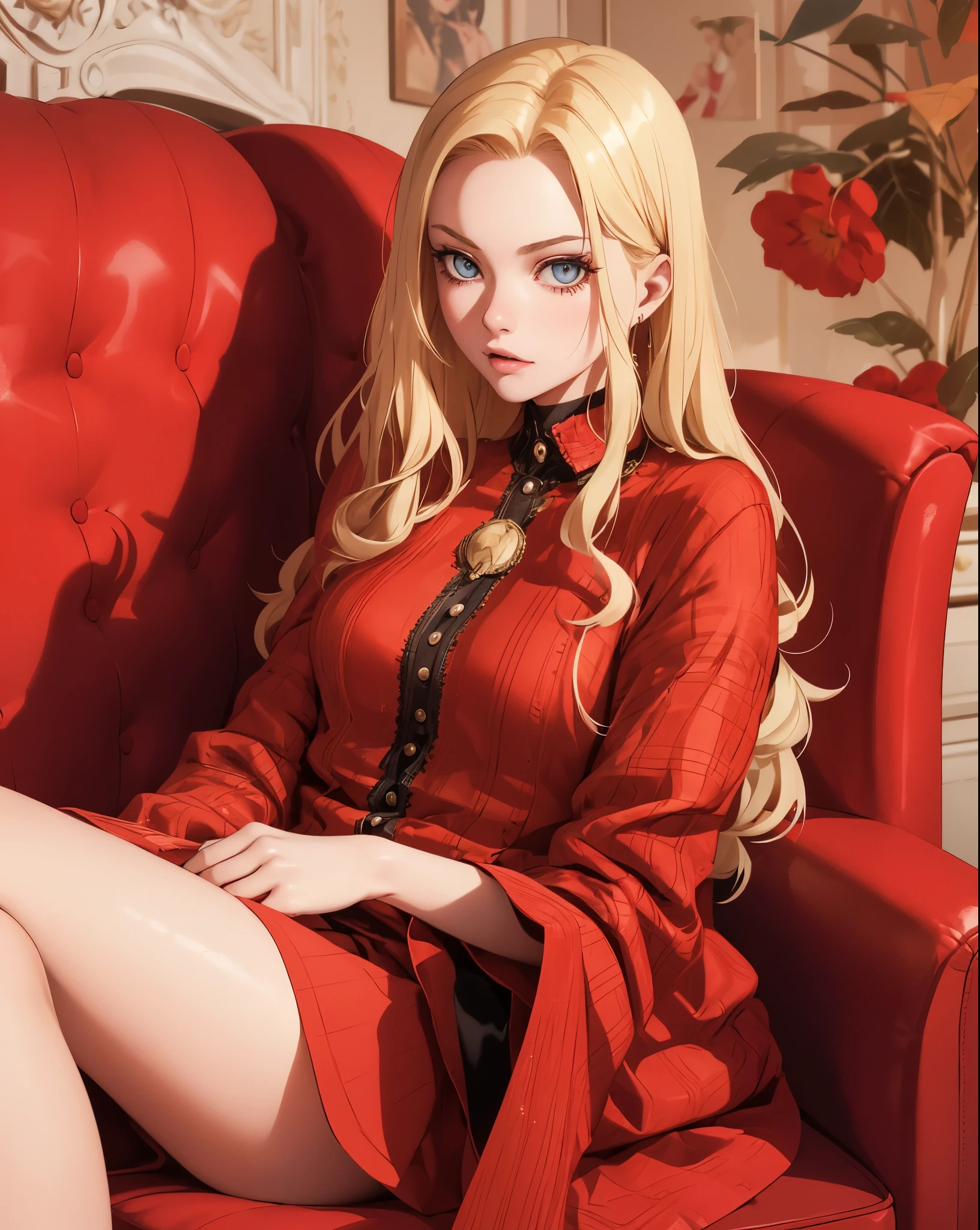 blond woman with long hair sitting on a couch with a red pillow, anna nikonova aka newmilky, yelena belova, dasha taran, lacey, angelawhite, 18 years old, good young girl, amouranth, 2 4 year old female model, very sexy outfit, , gorgeous young model, alena, very pretty model