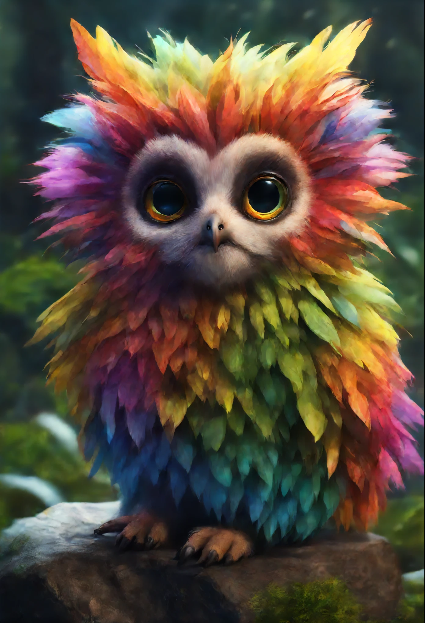 真实感, Realism, A brightly colored owl sits on a stone in the forest, adorable digital painting, Rendering of monkeys, anthropomorphic hedgehog, rainbow fur, Rendering Marmoset ToolBaged, Zbrush Color Renderer, Рендеринг Marmoset ToolBag, Octane turns into a lonely rainbow, cute 3 d render, dark rainbow colored fur, cute detailed digital art, whimsical demon with rainbow fur