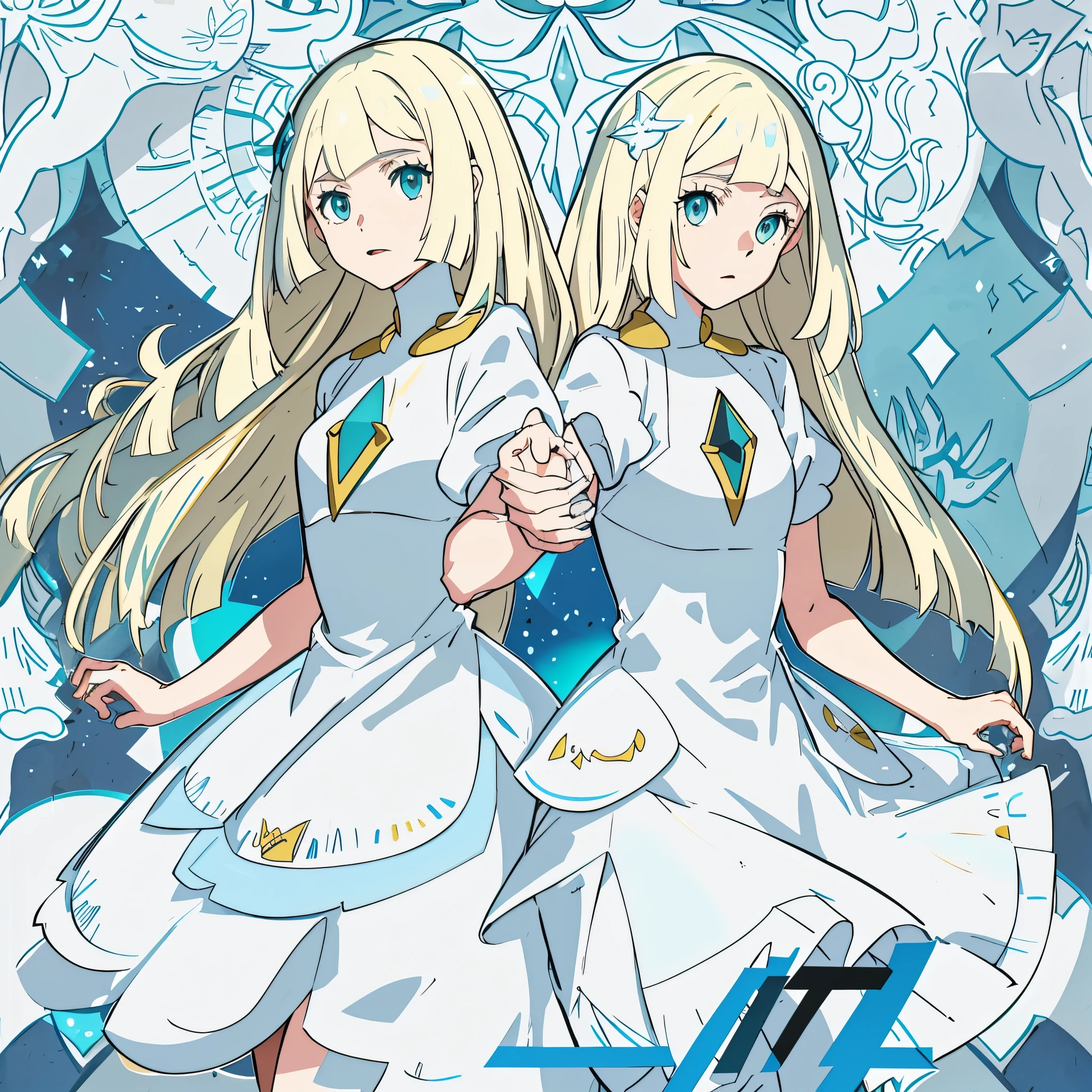 Two girls in long white dresselonde hair and blue eyes holding hands back to back,Lillie & Lusamine