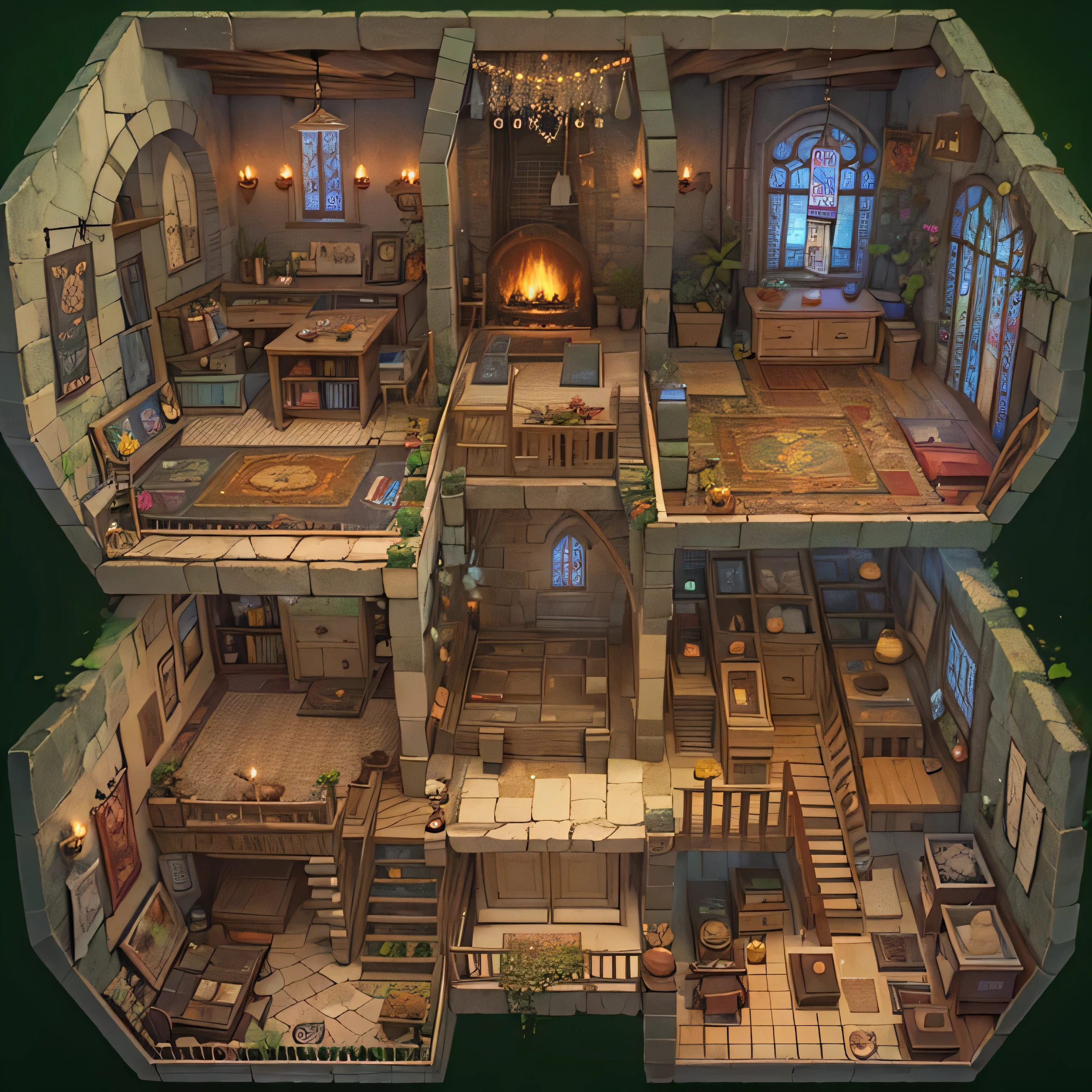 D universe medieval house interior map&isometry.sense of science and technology，feeling steely，scifi style