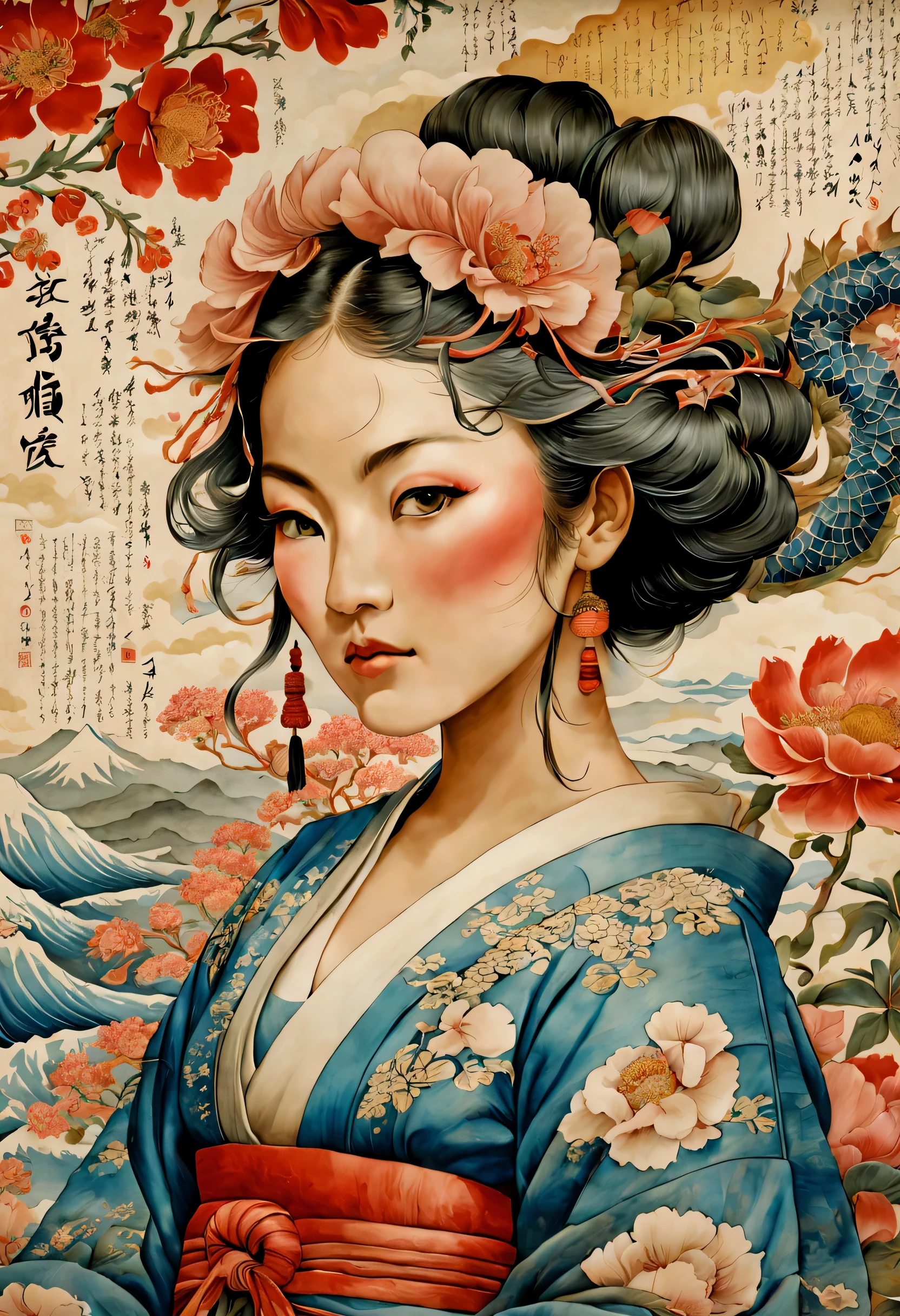A contemporary print with colorful ink on antique paper., an ornate depiction of a peasant warrior dressed in tattered cloth, picking your nose, escrituras japonesas, al estilo del intrincado mural de Hokusai, con ilustraciones y diagramas, patrones de ondas. Lush Traditional Hokusai Dragon Peonies, with botanical embellishments Intricate details, Hokusai, bordes dentados realistas, emphasis on detail, Flores ultra detalladas y colores sutiles.