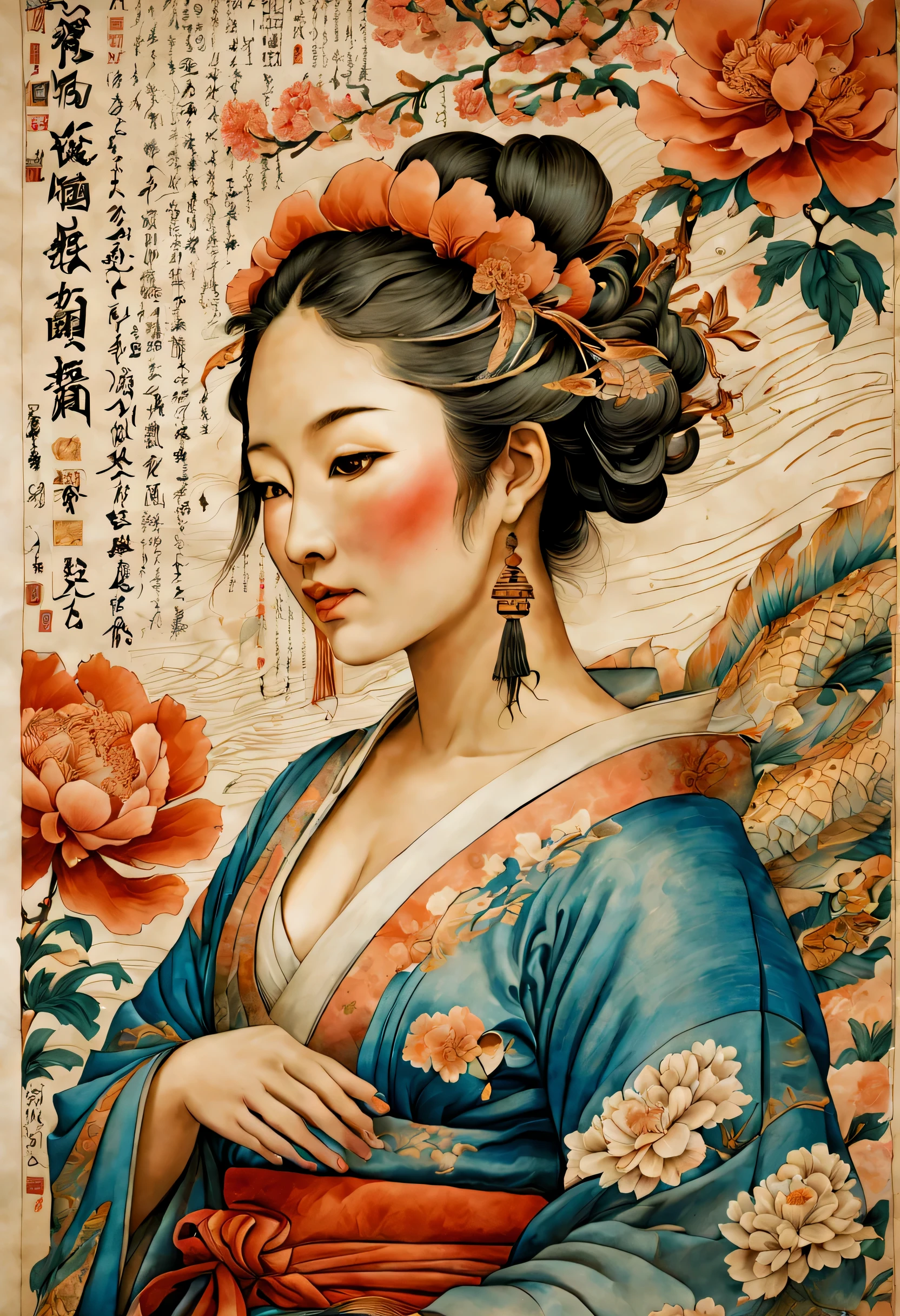 A contemporary print with colorful ink on antique paper., an ornate depiction of a peasant warrior dressed in tattered cloth, picking your nose, escrituras japonesas, al estilo del intrincado mural de Hokusai, con ilustraciones y diagramas, patrones de ondas. Lush Traditional Hokusai Dragon Peonies, with botanical embellishments Intricate details, Hokusai, bordes dentados realistas, emphasis on detail, Flores ultra detalladas y colores sutiles.