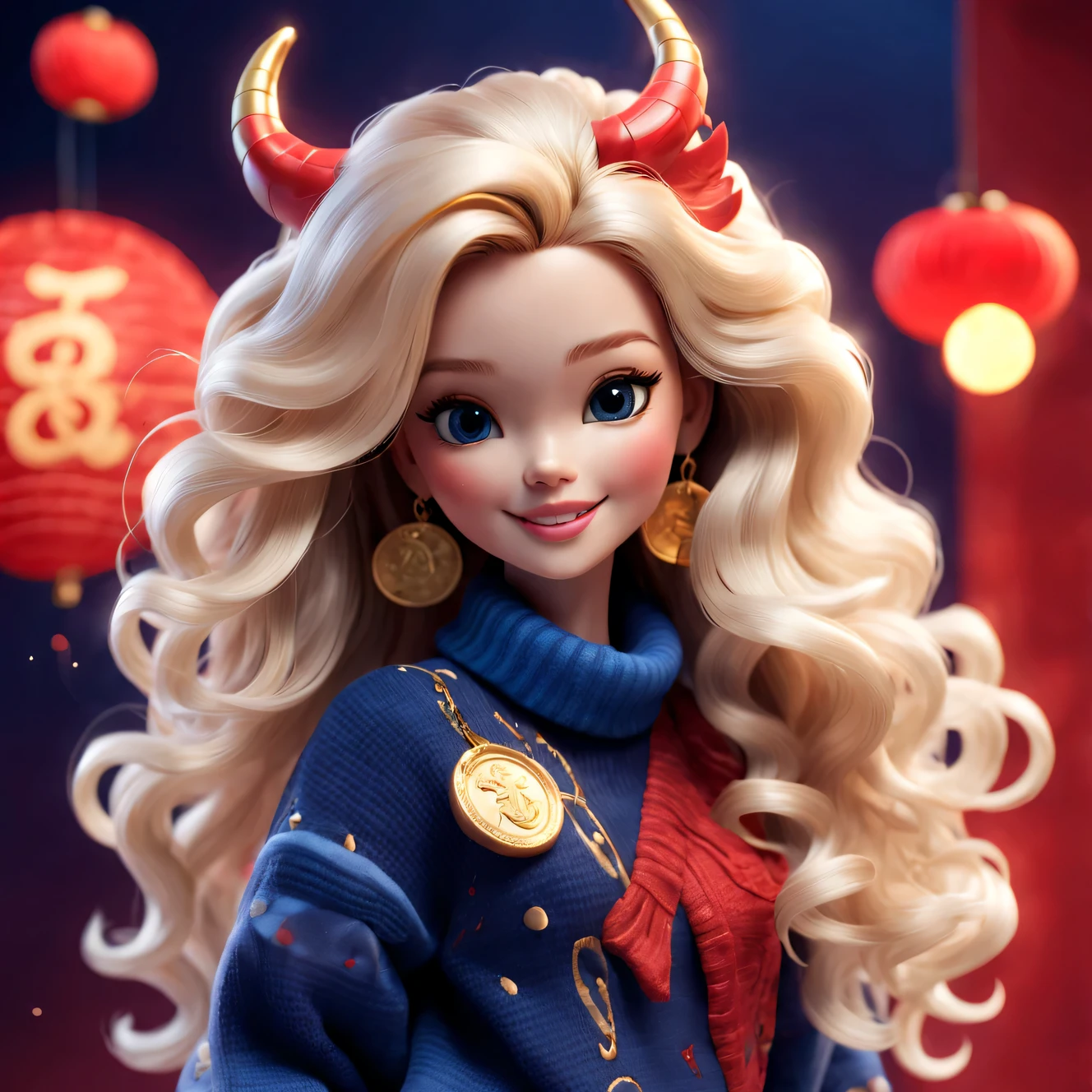 Tully Shaw,(Close-up of cute smiling zodiac dragon and long curly hair barbie doll),Plush toy design,Winter fashion exudes luxury, Gorgeous and stylish,Sweaters,围巾,With dark navy blue and fiery red background, 2024 new year elements, Gold coins flying, Cute 3d rendering, Cute and detailed digital art, slight feeling, stylized 3d render, 8K, 3D character art rendering, lovely digital painting, Anime style 3D, Ultra-detailed rendering, hyper HD, tmasterpiece, Acura, ctextured skin, super detailing, high detal, high high quality, Award-Awarded, Best quality at best, A high resolution, 16k,