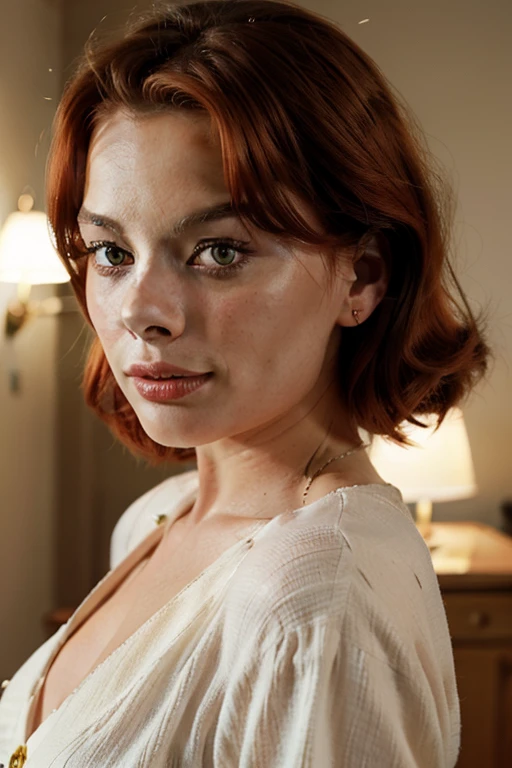 ultra realistic, red hair woman margot robbie lookalike in a 50's outfit