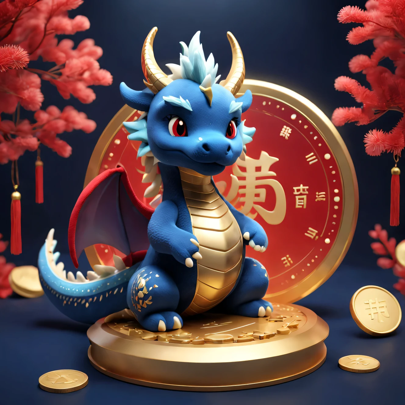 tully shaw style, (Plush toy design),(可爱微笑芭比Zodiac dragon特写),(Large close-up),Zodiac dragon,Winter fashion exudes luxury, Gorgeous and stylish,Sweaters,围巾,With dark navy blue and fiery red background, 2024 new year elements, Gold coins flying, Cute 3d rendering, Cute and detailed digital art, slight feeling, stylized 3d render, 8K, 3D character art rendering, lovely digital painting, Anime style 3D, Ultra-detailed rendering, hyper HD, tmasterpiece, Acura, ctextured skin, super detailing, high detal, high high quality, Award-Awarded, Best quality, A high resolution, 16k,