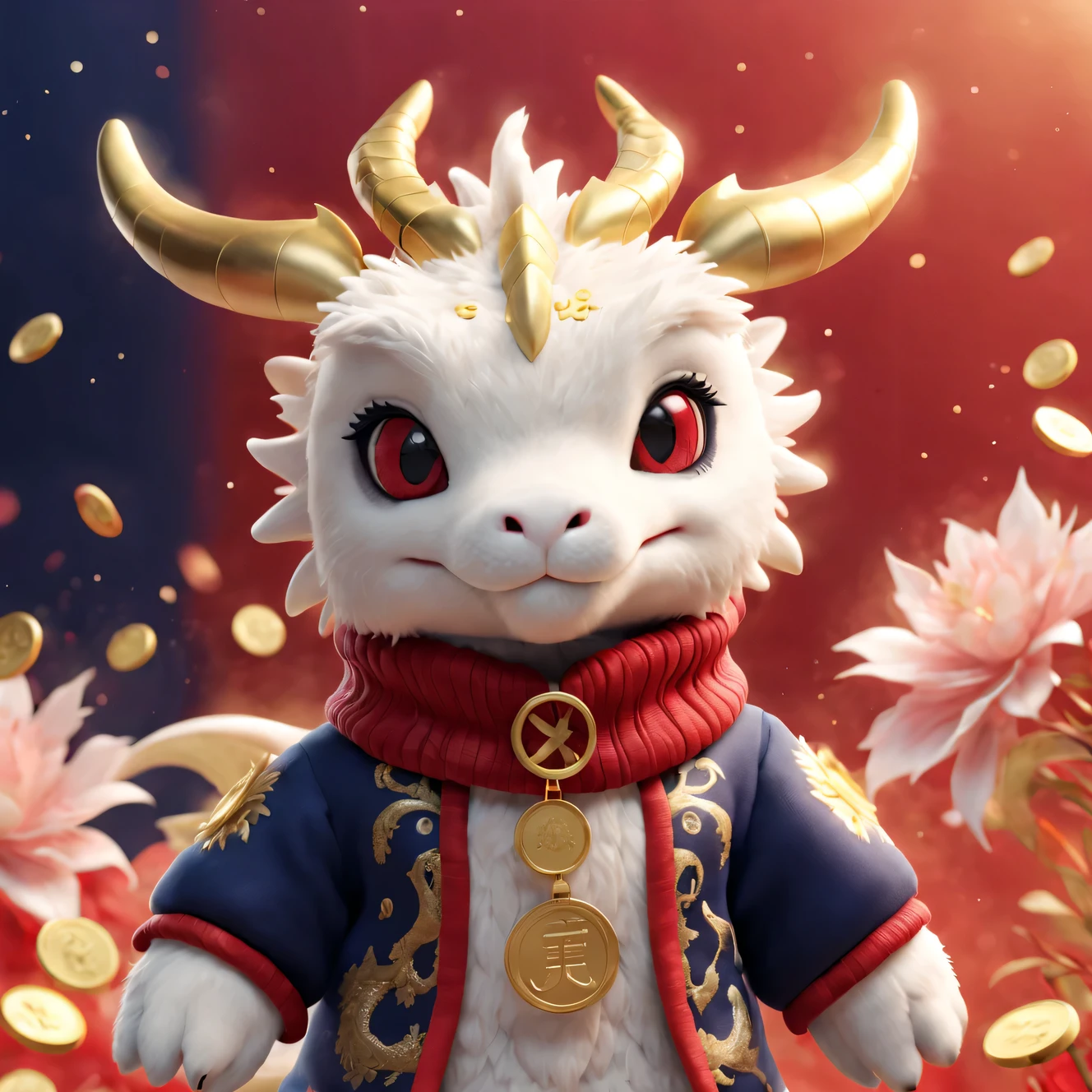 tully shaw style, (Plush toy design),(可爱微笑芭比Zodiac dragon特写),(Large close-up),Zodiac dragon,Winter fashion exudes luxury, Gorgeous and stylish,Sweaters,围巾,With dark navy blue and fiery red background, 2024 new year elements, Gold coins flying, Cute 3d rendering, Cute and detailed digital art, slight feeling, stylized 3d render, 8K, 3D character art rendering, lovely digital painting, Anime style 3D, Ultra-detailed rendering, hyper HD, tmasterpiece, Acura, ctextured skin, super detailing, high detal, high high quality, Award-Awarded, Best quality, A high resolution, 16k,