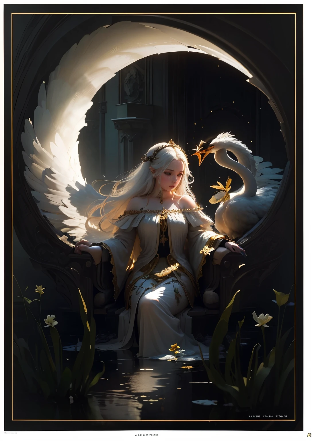 Flowers like castles from a golden spring tower over a beautiful Lady fare, in the spring of eternal youth she bathes her alabaster form to a symphony of trumpeter swans that play in the sunbeam sky of assure and cotton cloud A extreme 90 meters long shot octane render, high quality hyperdetailed 24k photorealistic