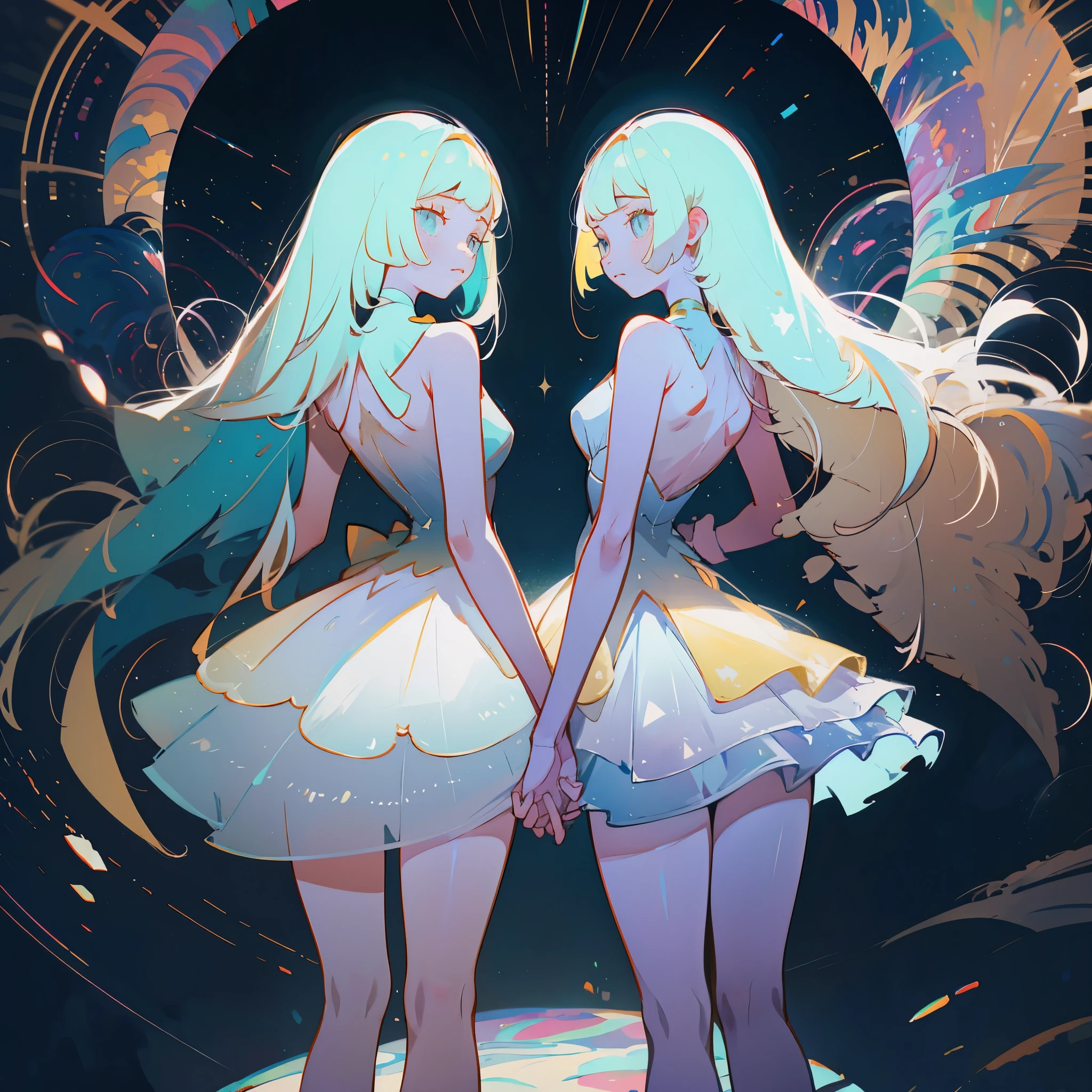 (best quality, masterpiece), Two girls in long white dresselonde hair and blue eyes holding hands back to back,Lillie and Lusamine, white diamond mineral, beautiful full body concept art, looking at viewer,  dark background, white long hair, (straight long legs:1.4), (long skirt that covers the thighs), white mineral, sleek glass thickness, transparent, cinematic lighting, rendering, 4K, --niji 5