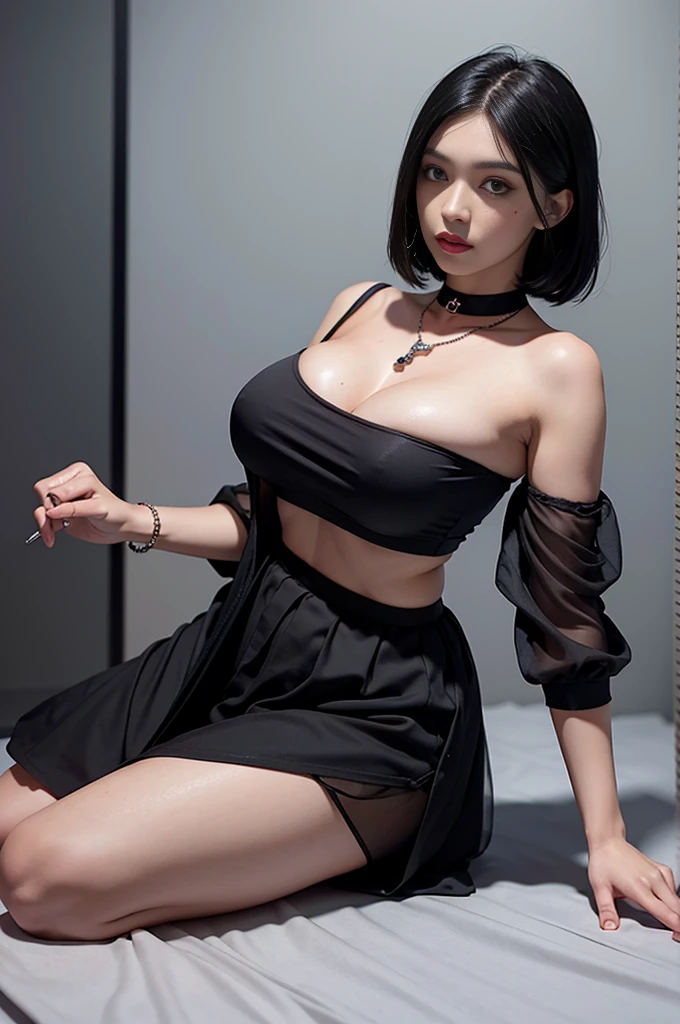 Black hair bob, (8k, RAW photo, photorealistic: 1.25), (very much lip gloss, many eyelashes, highest quality, ultra high resolution, depth of field, chromatic aberration, caustics, wide light, natural color, Japanese , Female in her 30s) Staring at the viewer, necklace, bracelet, choker, full body, big breasts, mole on chest, bare legs, see-through blouse