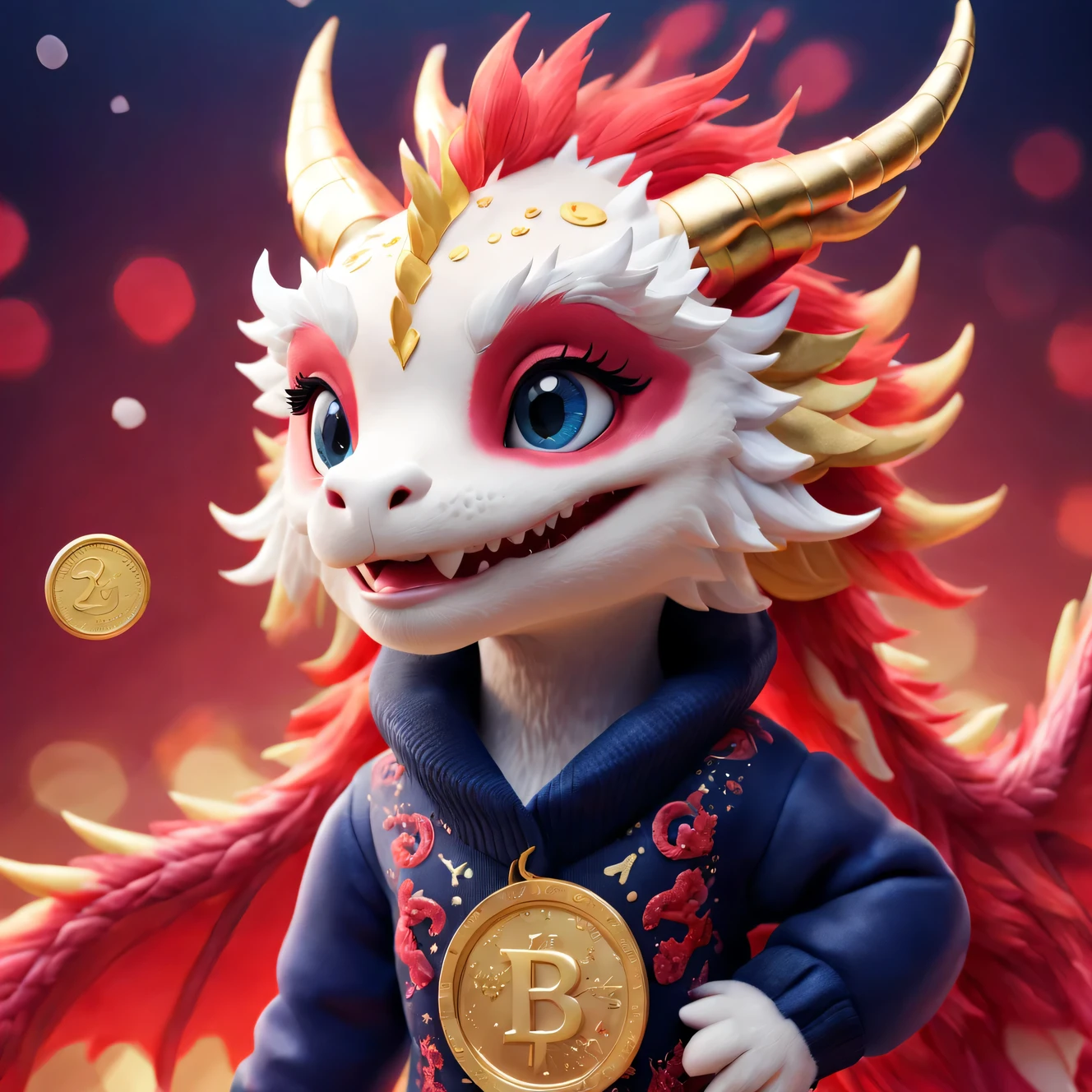 Tully Shaw,(Close-up of cute smiling zodiac dragon),Plush toy design,Ethereal,inspired by barbie doll,Winter fashion exudes luxury, Gorgeous and stylish,Sweaters,围巾,With dark navy blue and fiery red background, 2024 new year elements, Gold coins flying, Cute 3d rendering, Cute and detailed digital art, slight feeling, stylized 3d render, 8K, 3D character art rendering, lovely digital painting, Anime style 3D, Ultra-detailed rendering, hyper HD, tmasterpiece, Acura, ctextured skin, super detailing, high detal, high high quality, Award-Awarded, Best quality, A high resolution, 16k,