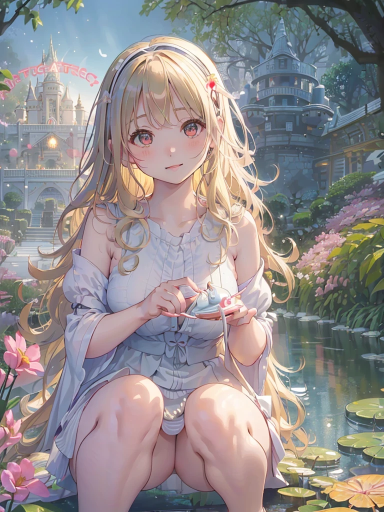 photo realistic, (masterpiece,best quality:1.4),(8k,raw photo,photo realistic:1.2), detailed skin, detailed face,1girl,Japanese idol,cute face, ,  Not Safe for Work, (raw photo, photo realistic: 1.2), 
ALL Nudity, nudi, (((NO panties))),nipples, pussy, anal, (((No cloth))) ^_^, happy, smile ,medium bob, (((sitting squatting,open-legs))), blonde hair, ((wavy hair)), long hair, little girl yo, lace hairband, Flat chest, beautiful legs, beautiful hands,
yumekawa,yumekawaii,pastel color,(wonderland garden:1.3),rainbow waterfall,dripping ink,imagination,(Castle:1.4)