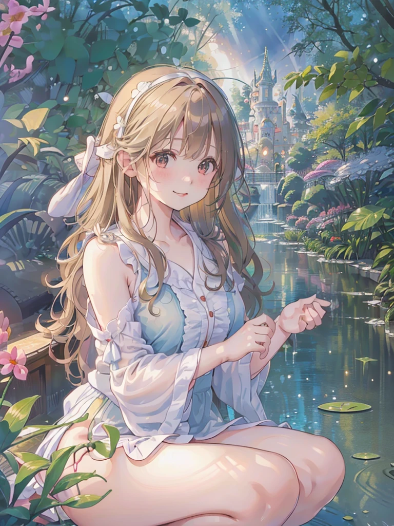 photo realistic, (masterpiece,best quality:1.4),(8k,raw photo,photo realistic:1.2), detailed skin, detailed face,1girl,Japanese idol,cute face, , Not Safe for Work, (raw photo, photo realistic: 1.2),
ALL Nudity, nudi, (((NO panties))),nipples, pussy, anal, (((No cloth))) ^_^, happy, smile ,medium bob, (((sitting squatting,open-legs))), blonde hair, ((wavy hair)), long hair, little girl yo, lace hairband, Flat chest, beautiful legs, beautiful hands,
yumekawa,yumekawaii,pastel color,(wonderland garden:1.3),rainbow waterfall,dripping ink,imagination,(Castle:1.4)