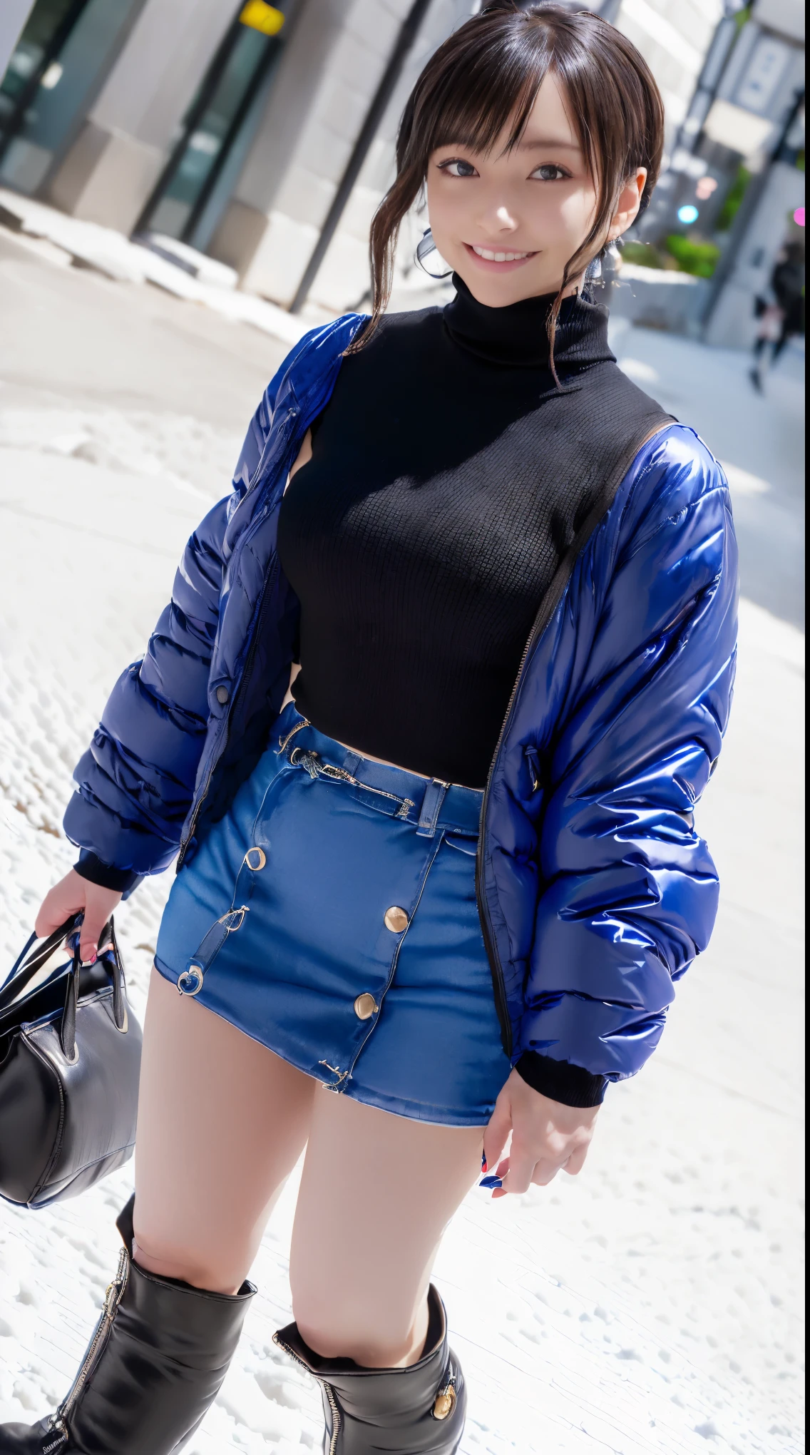 (in 8K、超A high resolution、Best Quality、masuter piece、Photorealsitic、The ultra -The high-definition)、(Black turtleneck、Blue down jacket、Definitely a pretty short black micro miniskirt:1.28)(Always walk through the city when it snows:1.1)A Japanese Lady、Cute smile、long boots