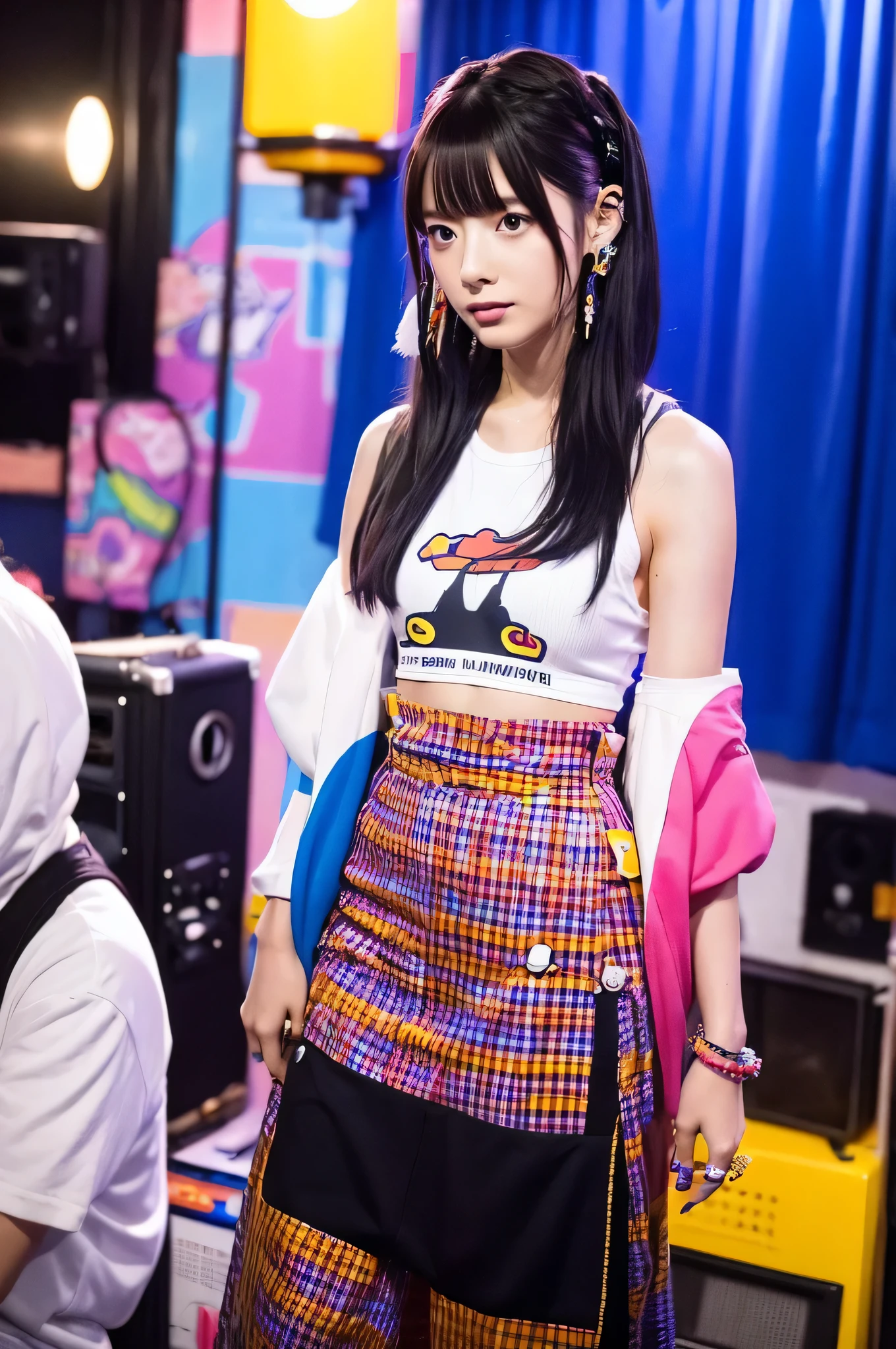 Japan woman in her late 20s。She is a very unique idol, Colorful and unique fashion sense.。Geeky atmosphere。Photographing behind the scenes at a small live venue。Full body shot。 Unique hairstyles and unique accessories。Underwear is clearly visible。photoRealstic。4K。masuter piece