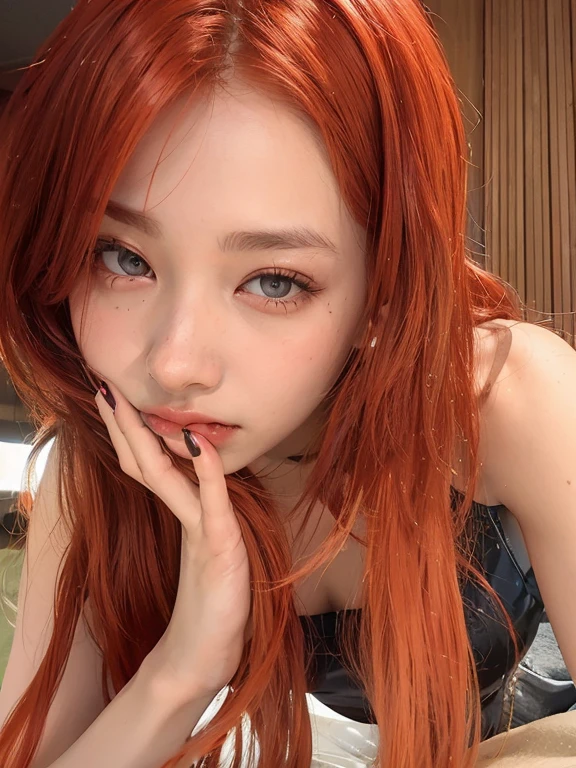 there is a woman with red hair posing for a picture, tzuyu from twice, sun yunjoo, she has long redorange hair, portrait of jossi of blackpink, jossi of blackpink, jinyoung shin, roseanne park of blackpink, sakimichan, wan adorable korean face, she has long orange brown hair, jia, with red hair