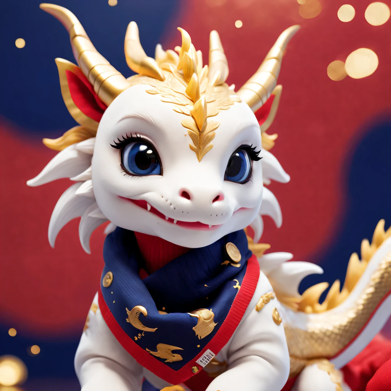 Tully Shaw，(Close-up of cute smiling zodiac dragon bowing），Plush toy design，Ethereal，inspired by barbie doll，Winter fashion exudes luxury,Gorgeous and stylish sweaters and scarves，With dark navy blue and fiery red background, 2024 new year elements, Gold coins flying, Cute 3d rendering, Cute and detailed digital art, slight feeling, stylized 3d render, 8K， 3D character art rendering, lovely digital painting, Anime style 3D, Ultra-detailed rendering, hyper HD, tmasterpiece, Acura, ctextured skin, super detailing, high detal, high high quality, Award-Awarded, Best quality at best, A high resolution, 16k,