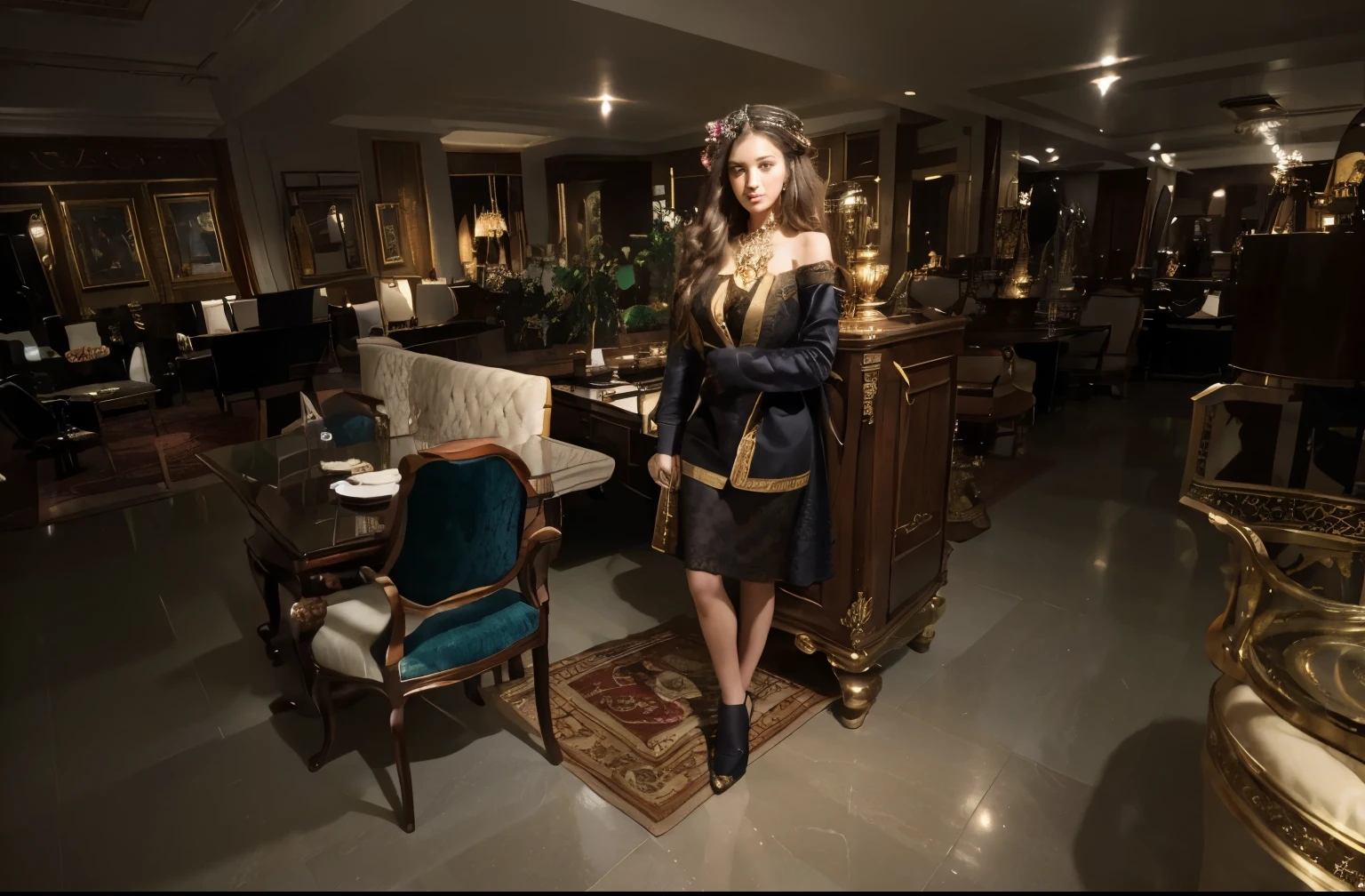 (Best quality, 8k, 32k, Masterpiece, UHD:1.2) "Imagine a sumptuous and opulent hostess Club's lounge exuding regal sophistication and extravagant grandeur. Envision lavish and ornate furnishings, perhaps velvet or silk upholstered sofas and armchairs in deep jewel tones like royal blue, emerald green, or deep crimson. Adorn the space with intricate carvings, gilded frames, and ornamental details that evoke a sense of royal splendor. Incorporate elements of classic luxury, such as elaborate chandeliers, intricately patterned rugs, and marble flooring exuding sophistication. Display ornate vases with fresh flowers or extravagant floral arrangements, adding a touch of refinement to the ambiance. Integrate elements inspired by royalty, such as portraits or symbols of crowns, scepters, or coats of arms subtly incorporated into the décor. Illuminate the space with soft, warm lighting that accentuates the richness of the surroundings, enhancing the feeling of elegance and opulence."