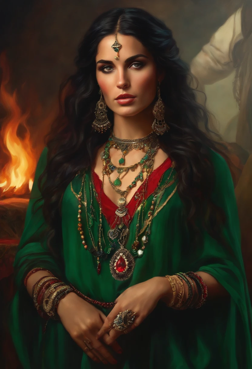 Baroque style painting of a young gypsy woman with necklaces, earrings and bracelets, a beautiful and strong young woman, red Victorian style robes, green panther eyes, long straight, silky black hair falling over her shoulders, dancing near a bonfire in a gypsy camp.