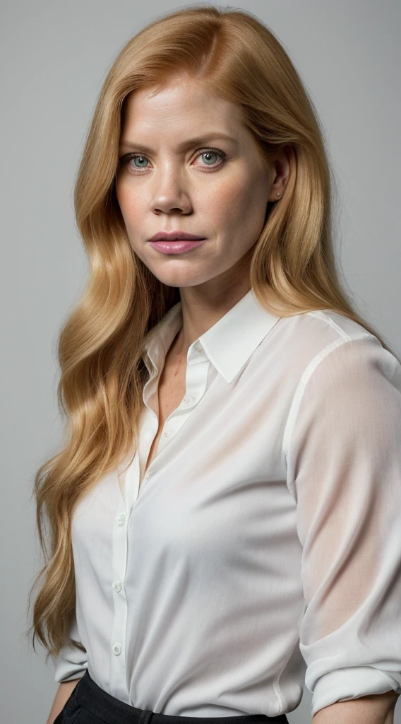 there is a woman with a very long hair and a white shirt with black pants, this person does not exist, pensive and hopeful expression, thin, statuesque, amy adams-jessica chastain-katheryn winnick-heather morris-anne heche-christina applegate-freya allan-stephanie pratt-kate middleton-kimberly quinn-ramona singer-alison sweeney merged, entire body visible, full body, hyperrealistic, best quality, 8K, real human skin, masterpiece, extremely intricate, medium closeup, detailed eyes, detailed face, detailed body, exaggerated features, pronounced features