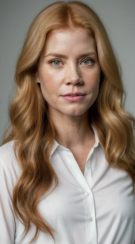 there is a woman with a very long hair and a white shirt with black pants, this person does not exist, pensive and hopeful expression, thin, statuesque, amy adams-jessica chastain-katheryn winnick-heather morris-anne heche-christina applegate-freya allan-stephanie pratt-kate middleton-kimberly quinn-ramona singer-alison sweeney merged, entire body visible, full body, hyperrealistic, best quality, 8K, real human skin, masterpiece, extremely intricate, medium closeup, detailed eyes, detailed face, detailed body, exaggerated features, pronounced features