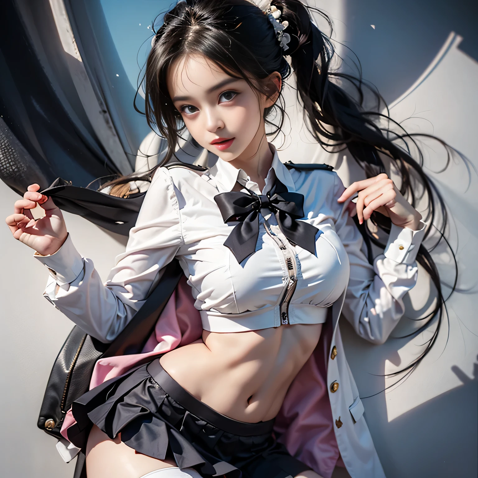 ((A female student stands in the office with her breasts exposed)), (thick and long black hair), Bangs, Blunt bangs, Long hair, ((poneyTail)), aqua eyes, longeyelashes, Solid Circle Eyes, makeup, Open mouth, blush, Parted lips, Bright pupils, Seductive smile, glint, surrealism, Modern, Chiaroscuro, depth of fields, One-person viewpoint, F/1.8, 135 mm, canon, nffsw, retinas, masutepiece, ccurate, Anatomically correct, Textured skin, Super Detail, high details, High quality, Best Quality, hight resolution, 1080p, hard disk, 4K, 8K,(Breasts whole body angle)、Breasts girl school uniform、((White blazer emblem on chest))、((underboob))、Lower breast、Oily skin、skinny、red loose bow tie、Skyscrapers are hazy in the background、blush, Parted lips, Bright pupils, smiley, Seductive smile, glint, surrealism, Modern、Chiaroscuro、(Medium Size Breast)、((sexypose))、(camel's toe), double whirlwind pattern design garment,Iris heterochromatic pupil,hight resolution,((The erection))、(Puffy eyes:1.2)、 (Slim legs),(Light shines on the face and chest)、 (the underside of the chest is slightly visible),(目に見えるLower breast、I can see your belly button and ribs)、Hip bones and lower abdomen are visible、((Navy blue flared miniskirt with white trim))、(lift up skirt),(Black T-back panties are visible),(Black stockings、I see black high heels)、Very beautiful breasts、Grasp your breasts with both hands、(Puffy eyes:1.2)、 (Slim legs)、erotick、nffsw、
