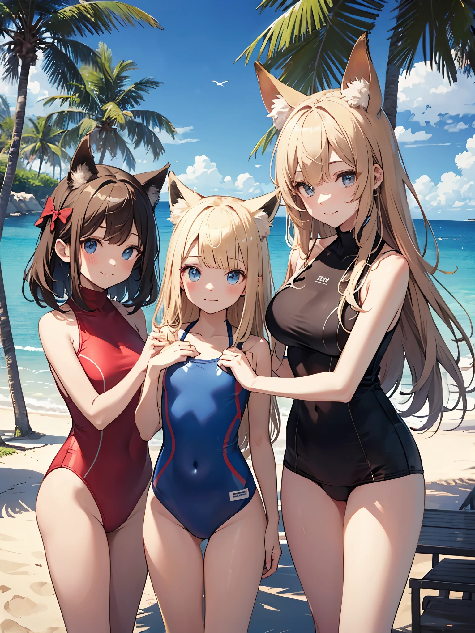 top-quality、extremely delicate and beautiful、Soio、Soio、Blonde blue-eyed、Canine ears、long、(blue high neck one piece swimsuit)、Princess、Princess、Shy face、is standing、Facing the front、Empty beach in the background、Very young、8years old、fox body display、kindly smile、