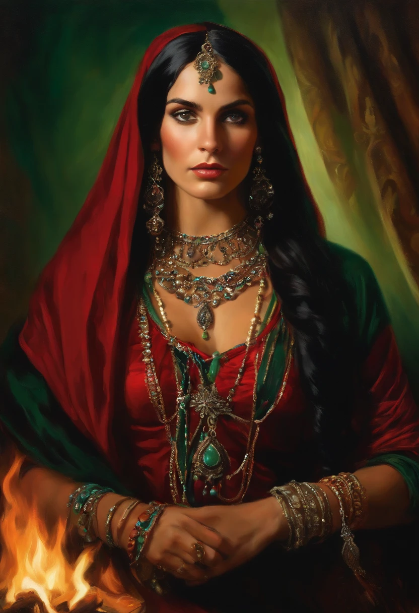 Baroque style painting of a young gypsy woman with necklaces, earrings and bracelets, a beautiful and strong young woman, red Victorian style robes, green panther eyes, long straight, silky black hair falling over her shoulders, dancing near a bonfire in a gypsy camp.