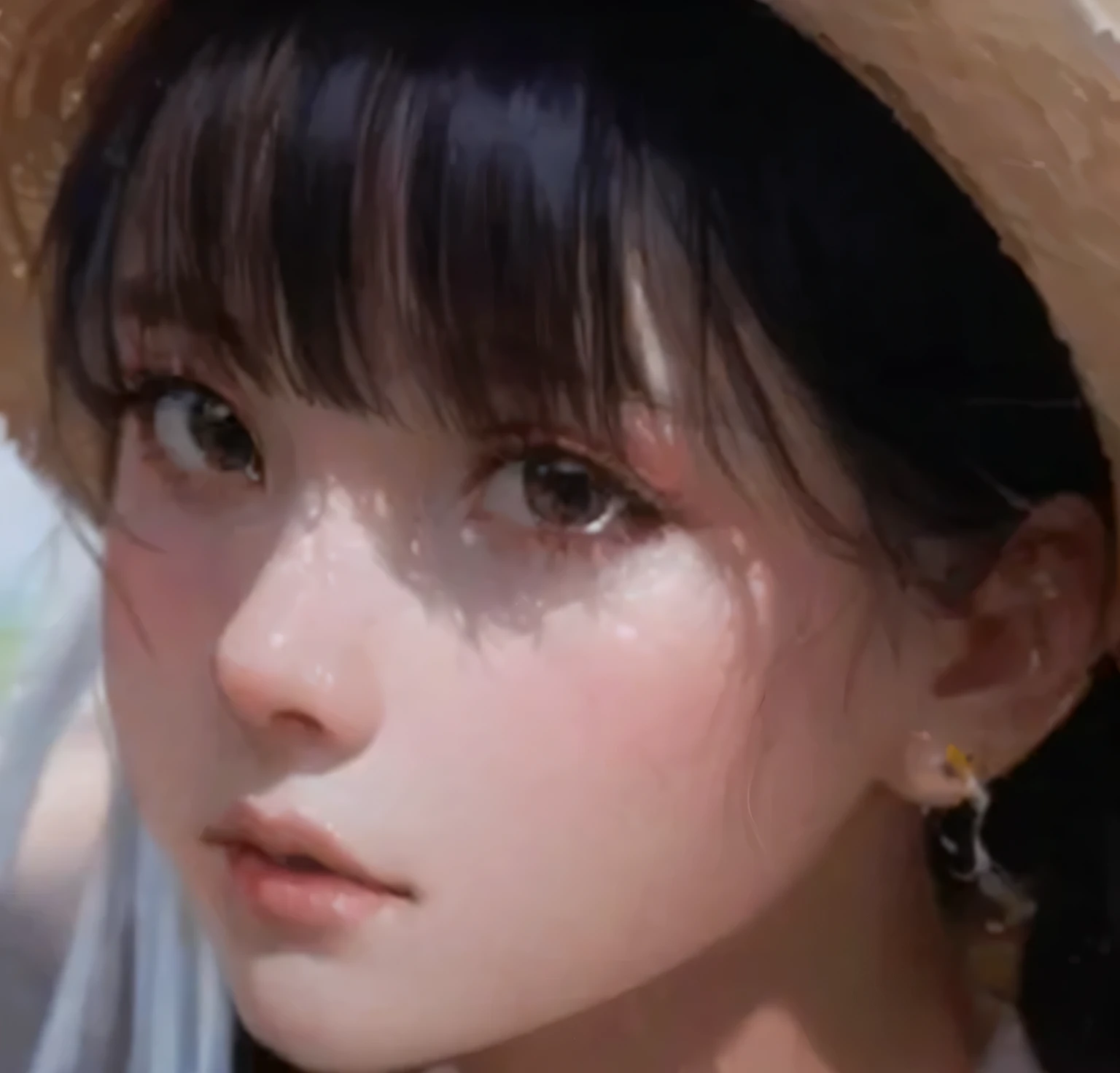 Close-up of a woman wearing a straw hat and a white shirt, Guviz-style artwork, guweiz, kawaii realistic portrait, photorealistic anime3D风格, Cute and natural anime face, 3 d anime realistic, photorealistic anime, Anime reality, close up of a young anime girl, Anime reality style, realistic young anime girl, hyper realistic anime