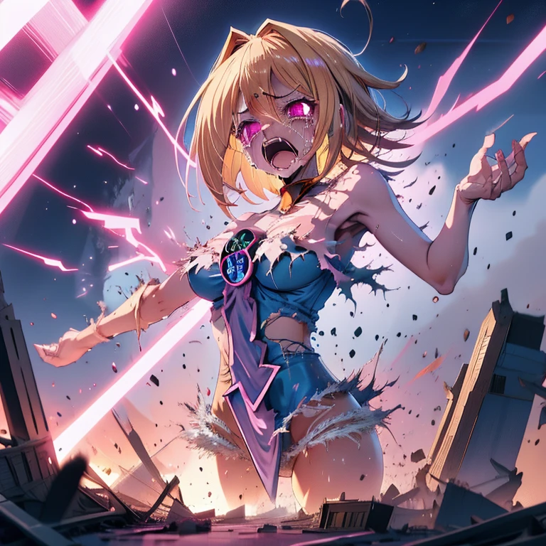 solo, (exposed white underwear, torn clothes:1.2), tottering, Yu-Gi-Oh!,dark magician girl,big breasts,leotard,cute Face, blonde hair, opened eyes, (sobbing:1.2) :o, look another, moaning BREAK beam,damaged,destruction,pink beam,shattered pink beam, wreck, injury, damaged, dirty