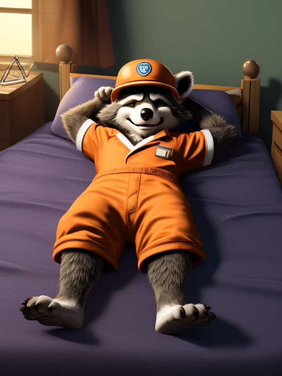 sleepy Rocket Racoon, lying on a bed in a laboratory with his legs spread, sedated with sedation from a drip, closed eyes, strapped to the bed by his head, chest, wrists and ankles, a distinctly sleepy look on his face, resisting to sleep, detailed nice big paws with short claws, wears orange prison uniform, MCU vivid colour style, dark brown and gray and white fur, visible soles