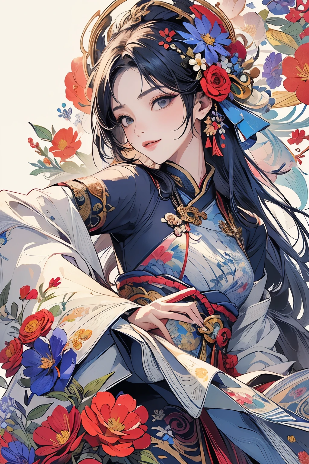 (masterpiece、top-quality、top-quality、Official art、Beautifully Aesthetic:1.5)、Painterly、sketch、Texture、超A high resolution、独奏、Beautuful Women、A smile、すごくA smile、A highly detailed、(Fractal Art:1.1)、(colourfull:1.1)、(florals:1.5)、The most detailed、(Zentangle:1.2)、(Dynamic Poses)、(Abstract background:1.3)、(shinny skin)、(Many colors:0.8)、(耳环:1.4)、(pluma:0.9)、Taisho romance