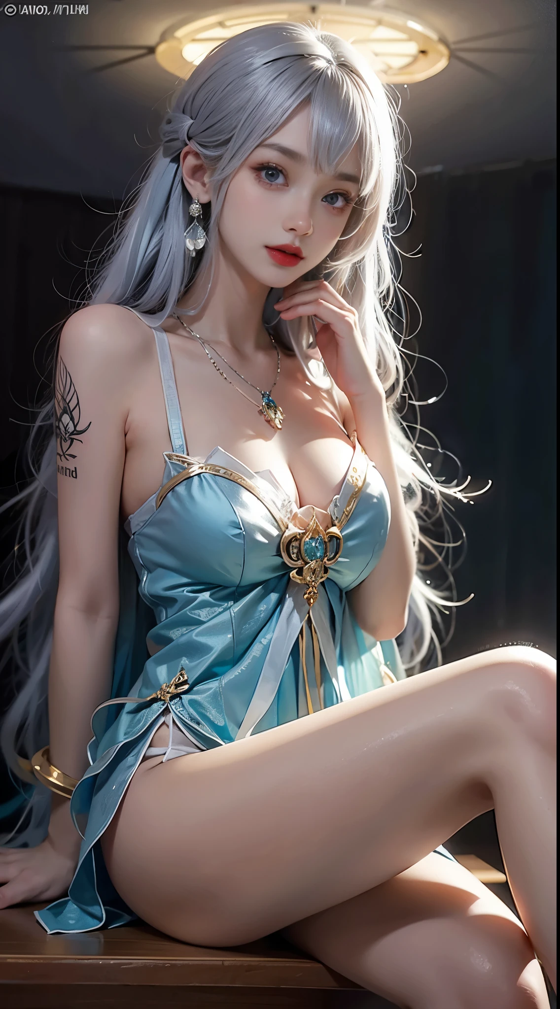 ((knee shot)), Close up, In the classroom, sitting on the desk, beautiful girl college student, masterpiece, light makeup, red lips, silver hair, messy long hair, beautiful, elegant. Ultra-fine details, master works, real texture, cinematic lighting realism, perfect work, 8k, HD, exquisite facial features, slim figure, bright big eyes, smooth skin, earrings, necklace, tattoos