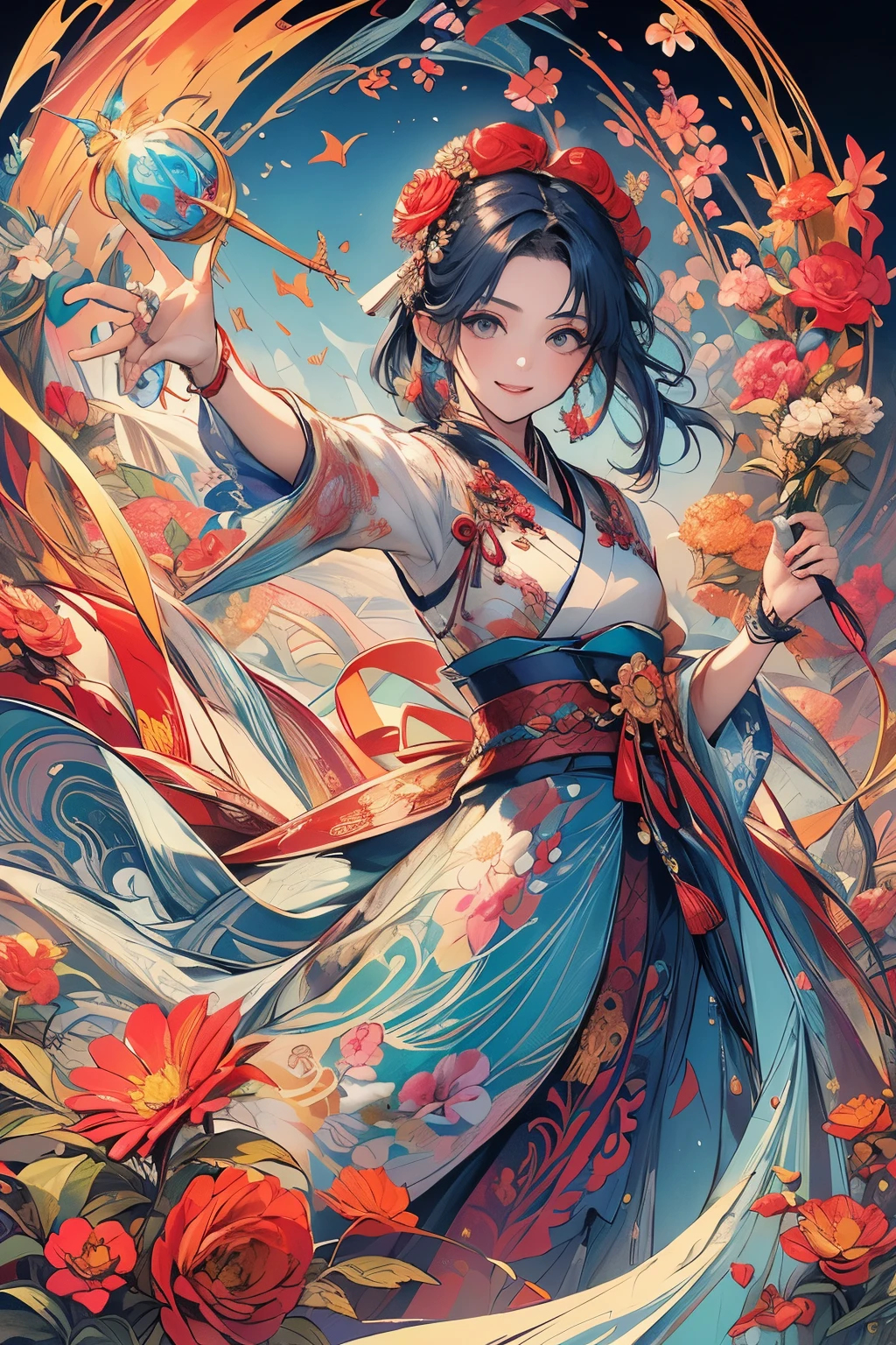 (​masterpiece、top-quality、top-quality、Official art、Beautifully Aesthetic:1.5)、Painterly、sketch、Texture、超A high resolution、独奏、Beautuful Women、A smile、すごくA smile、A highly detailed、(Fractal Art:1.1)、(colourfull:1.1)、(florals:1.5)、The most detailed、(Zentangle:1.2)、(Dynamic Poses)、(Abstract background:1.3)、(shinny skin)、(Many colors:0.8)、(耳环:1.4)、(pluma:0.9)、Taisho romance