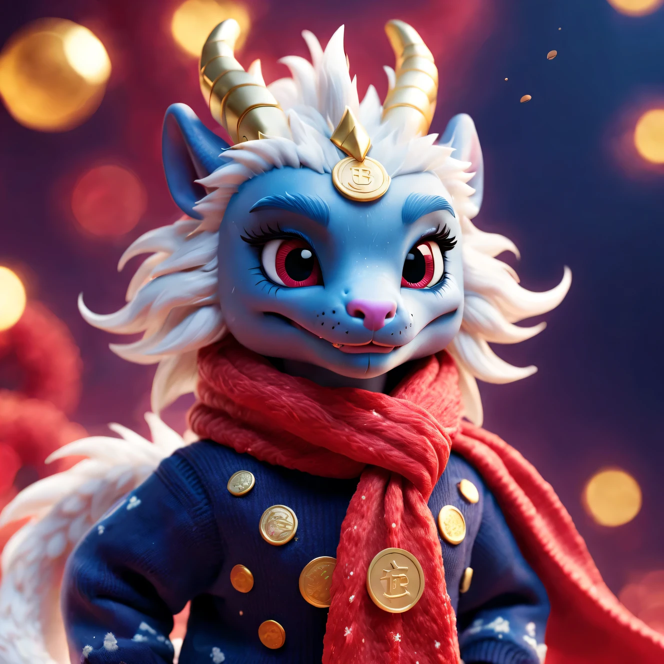 （Close up of cute furry smiling zodiac dragon bowing），Plush toy design，Ethereal，inspired by barbie doll，Gorgeous stylish winter fashion sweaters and scarves，With dark navy blue and fiery red background, 2024 new year elements, Gold coins flying, Cute 3d rendering, Cute and detailed digital art, slight feeling, stylized 3d render, 8K， 3D character art rendering, lovely digital painting, Anime style 3D, Ultra-detailed rendering, hyper HD, tmasterpiece, Acura, ctextured skin, super detailing, high detal, high high quality, Award-Awarded, Best quality, A high resolution, 16k,