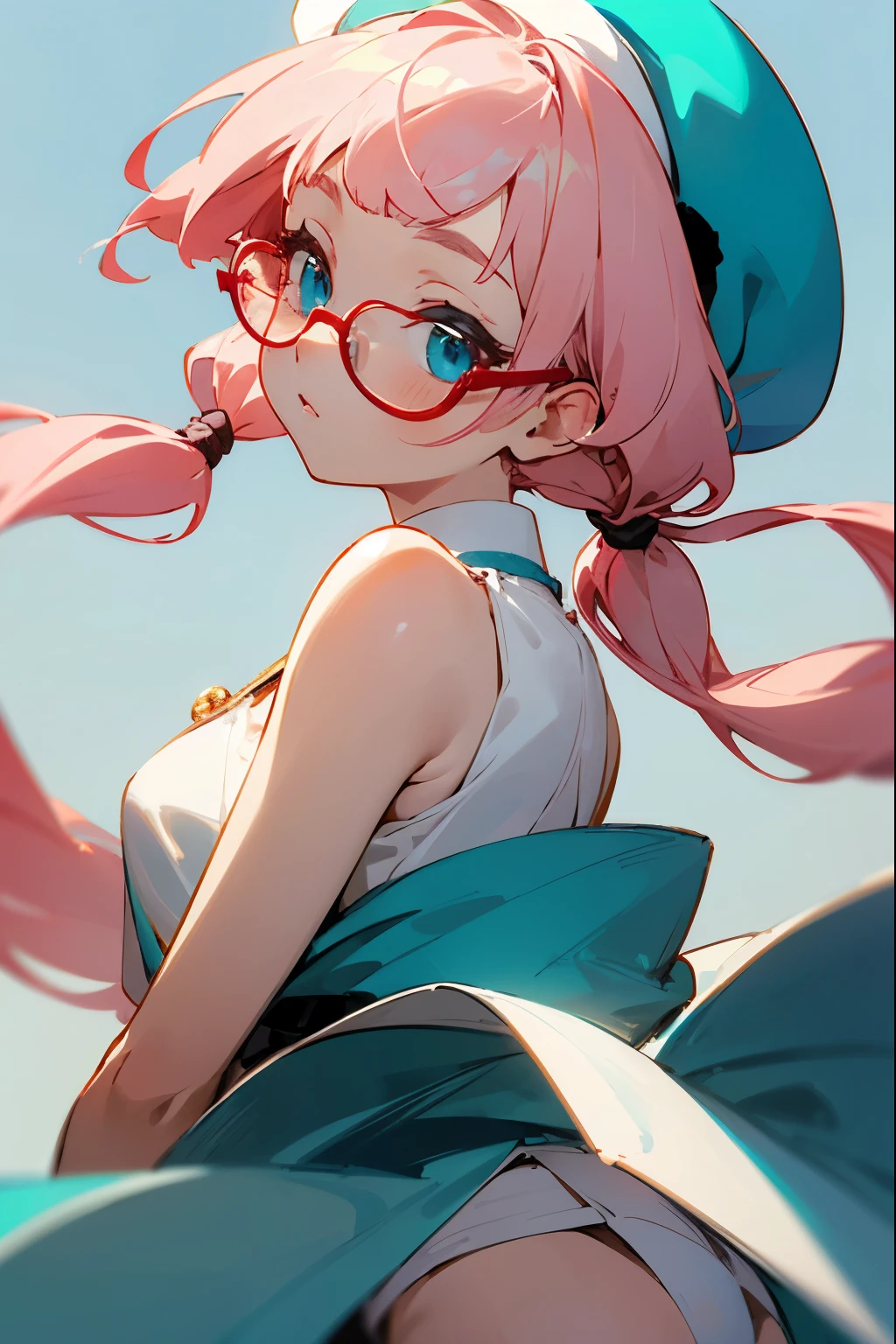 illustrated. girl with light pink hair and wispy side bangs. has low pigtail blonde hair on her right side that keeps behind shoulder and braided pigtail on the left side. has long side hair on her left side. a turquoise beret hat. She has light blue eyes and red glasses. fair skin. anime