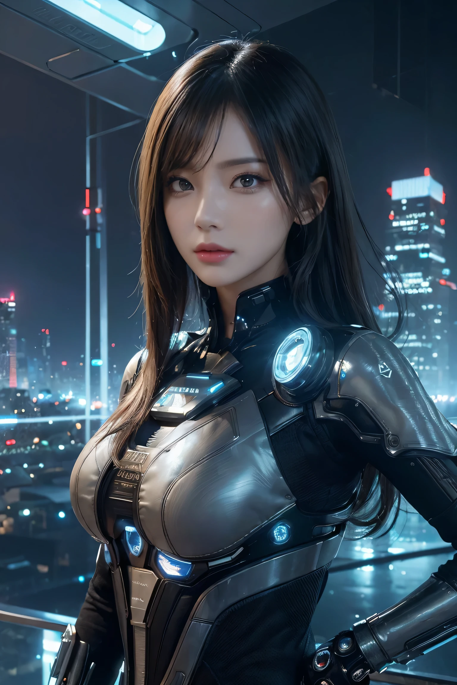 Amazing artificial intelligence, Beautiful woman with a robot body, Ultra-realistic, Movie angle, Blue neon blurry background, Apparent circuit,  Vibrant, detailed, Zubrash, Manga illustration, Trending on Art Station. Peter Moerbacher, From wlop, Luan Jia, Alphonse Mucha, By Dmitry Prozorov, Norman Rockwell,