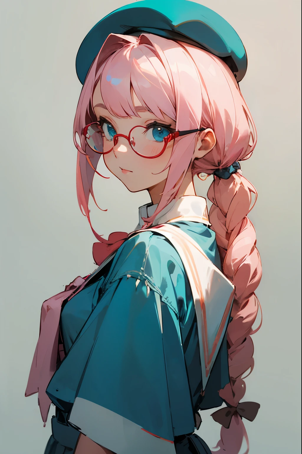 illustrated. girl with light pink hair and wispy side bangs. has low pigtail blonde hair on her right side that keeps behind shoulder and braided pigtail on the left side. has long side hair on her left side. a turquoise beret hat. She has light blue eyes and red glasses. fair skin. anime