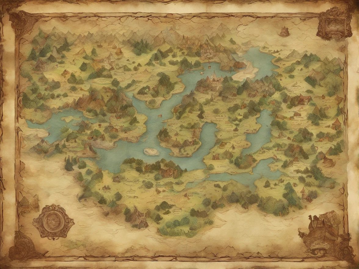 Aerial view taken from top to bottom directly from the drone, Mysterious map, World map,handpainted,lineworks,Parchment map