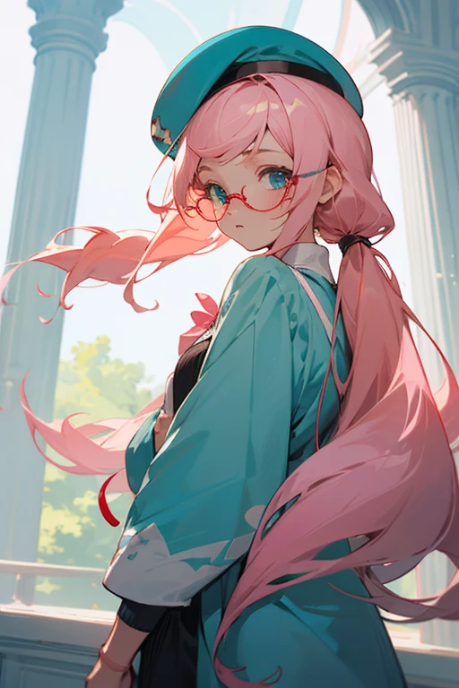 illustrated. girl with light pink hair and wispy side bangs. has low pigtail blonde hair on her right side that keeps behind shoulder and braided pigtail on the left side. has long side hair on her left side. a turquoise beret hat. She has light blue eyes and red glasses. fair skin. anime