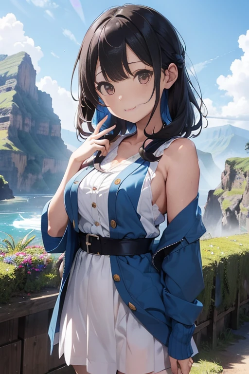 tmasterpiece、need、1female、blue clothes、Ancient style China、 White cloth is good, good, good、brunette color hair、Shoulder leakage、The chest is large、chubbiness、ssmile、with her mouth open，white colors吊带裤袜、lace leggings、white colors、pale pink lip、In the foreground of graphic art、Women perform traditional dance on Kauai。She wears floral ornaments，Wearing a straw robe.、He is holding a bouquet of flowers in his hand。。。。。。。。。。。。。。。。。。。。。。。。。。。。。。。。。。。。。。。。。。。。。。。。。。。。。。。。。。。。。。。。。。。。。。。。。。。。。。。。。。。。。。。Her expression is bright and happy.、The dance moves are also elegant and graceful。She dances，It&#39;s like celebrating Kauai&#39;s nature and culture。 Graphic art background、You can see Mount Waialale (Wyallaire Hills)。The area near the summit is covered by thick clouds.、It has an air of mystery。Lush vegetation and waterfalls can be seen on the mountainside。pure、The sky has a rainbow.、kauai island name「Garden Island」It expresses abundant nature。
