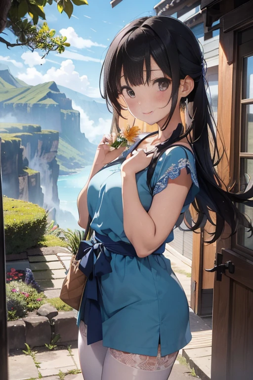 tmasterpiece、need、1female、blue clothes、Ancient style China、 White cloth is good, good, good、brunette color hair、Shoulder leakage、The chest is large、chubbiness、ssmile、with her mouth open,white colors吊带裤袜、lace leggings、white colors、pale pink lip、In the foreground of graphic art、Women perform traditional dance on Kauai。She wears floral ornaments,Wearing a straw robe.、He is holding a bouquet of flowers in his hand。。。。。。。。。。。。。。。。。。。。。。。。。。。。。。。。。。。。。。。。。。。。。。。。。。。。。。。。。。。。。。。。。。。。。。。。。。。。。。。。。。。。。。。Her expression is bright and happy.、The dance moves are also elegant and graceful。She dances,It's like celebrating Kauai's nature and culture。 Graphic art background、You can see Mount Waialale (Wyallaire Hills)。The area near the summit is covered by thick clouds.、It has an air of mystery。Lush vegetation and waterfalls can be seen on the mountainside。pure、The sky has a rainbow.、kauai island name「Garden Island」It expresses abundant nature。