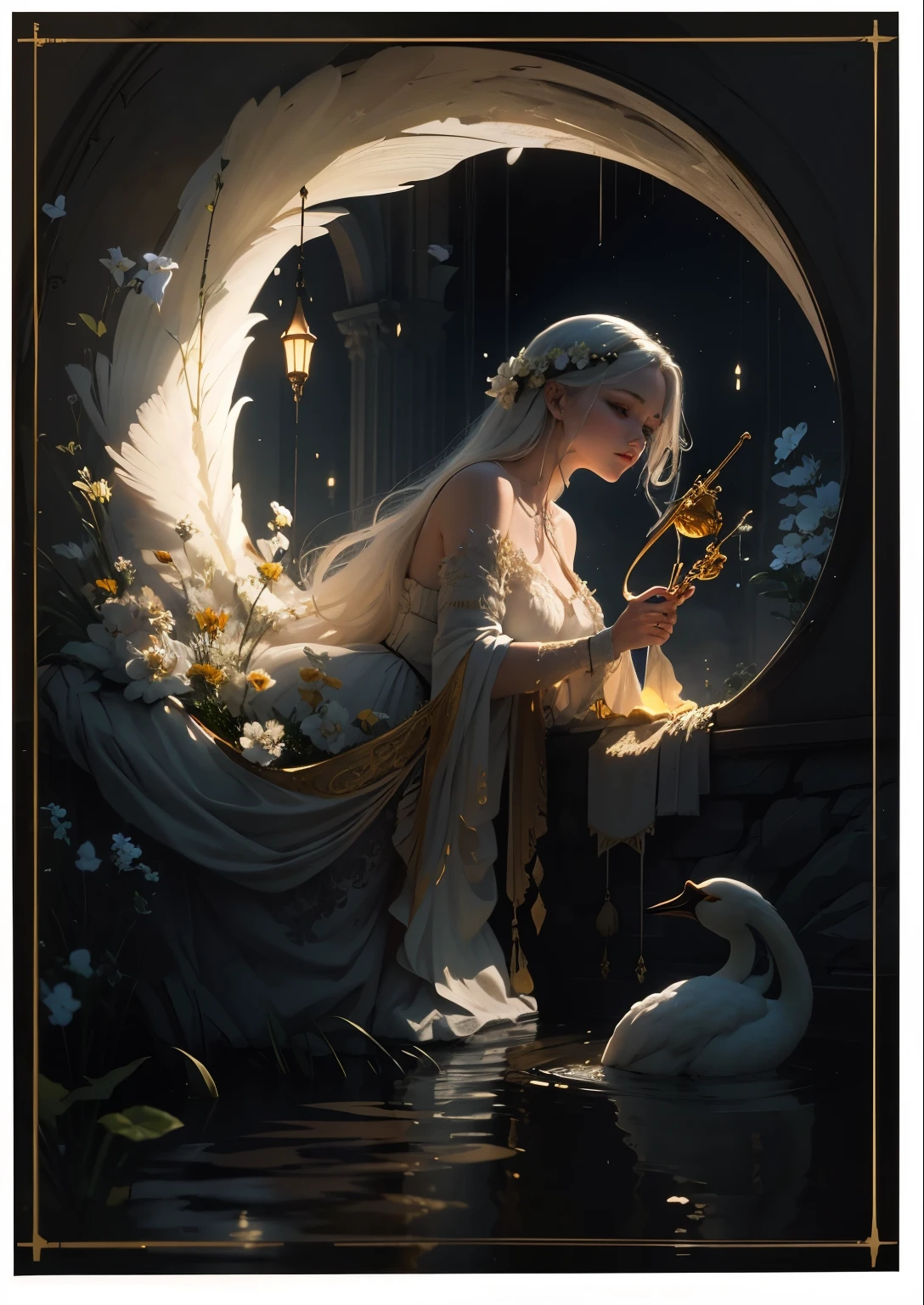 Flowers like castles from a golden spring tower over a beautiful Lady fare, in the spring of eternal youth she bathes her alabaster form to a symphony of trumpeter swans that play in the sunbeam sky of assure and cotton cloud A extreme 90 meters long shot octane render, high quality hyperdetailed 24k photorealistic