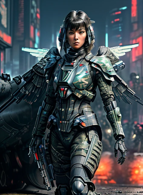 extremely detailed CG unity 16K wallpaper, (raw photography, cyberpunk:1.3), science fiction, (photorealistic, highest quality, masterpiece:1.2), (correct :1.5), POV, (from front:1.4), (from blow:1.1), dynamic angle, 1 girl, ((female soldier with mechanize body:1.4)), solo, ((full body shot:1.2)), black hair, short hair, fairly detailed skin, tan, realistic and bright eyes, highly detailed nose and lips, expressionless, ((camouflaged-body armor, equipped with rocket engine and wings for flying:1.5)), (((flying, holding 1 large blaster rifle:1.3))), slender, beautiful breast, (((outdoor, daytime, futuristic city, battlefield, shootout:1.5))), cinematic lighting, professional photo, depth of field, sharp focus, highest resolution, ultra high res